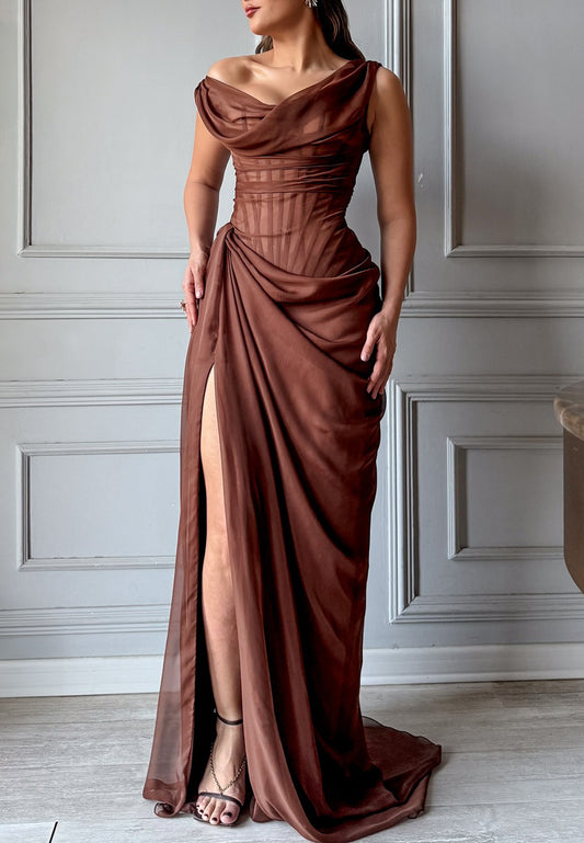 Asymmetrical Sleeveless Pleated Side Slit Sheath Evening Dress