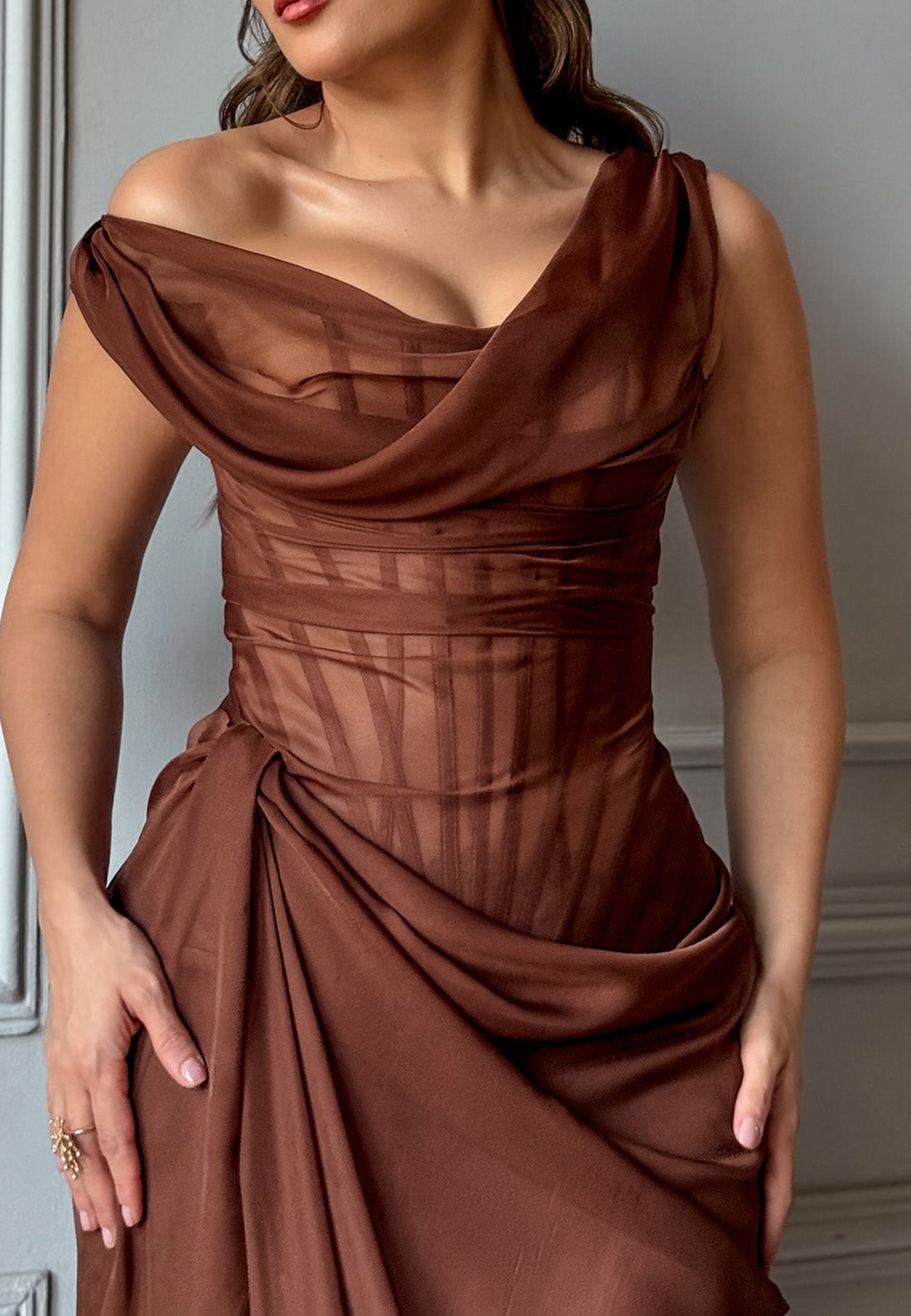 Asymmetrical Sleeveless Pleated Side Slit Sheath Evening Dress