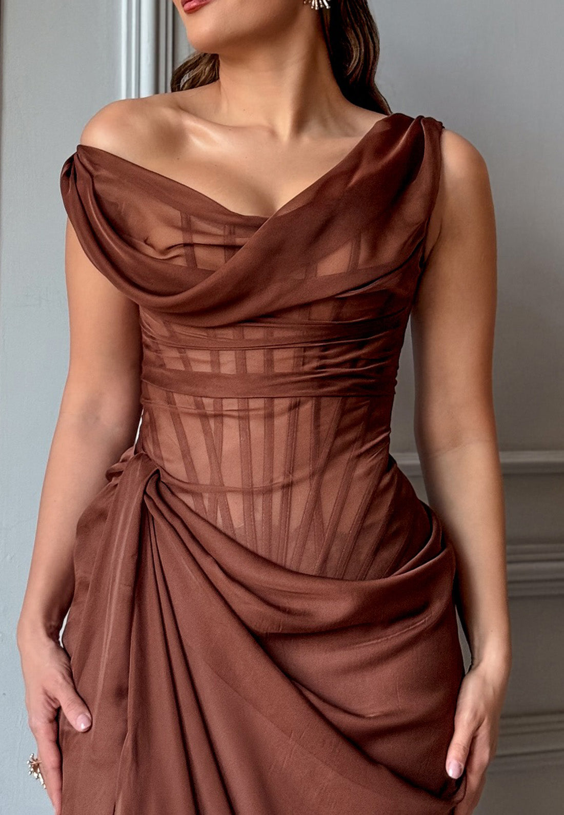 Asymmetrical Sleeveless Pleated Side Slit Sheath Evening Dress