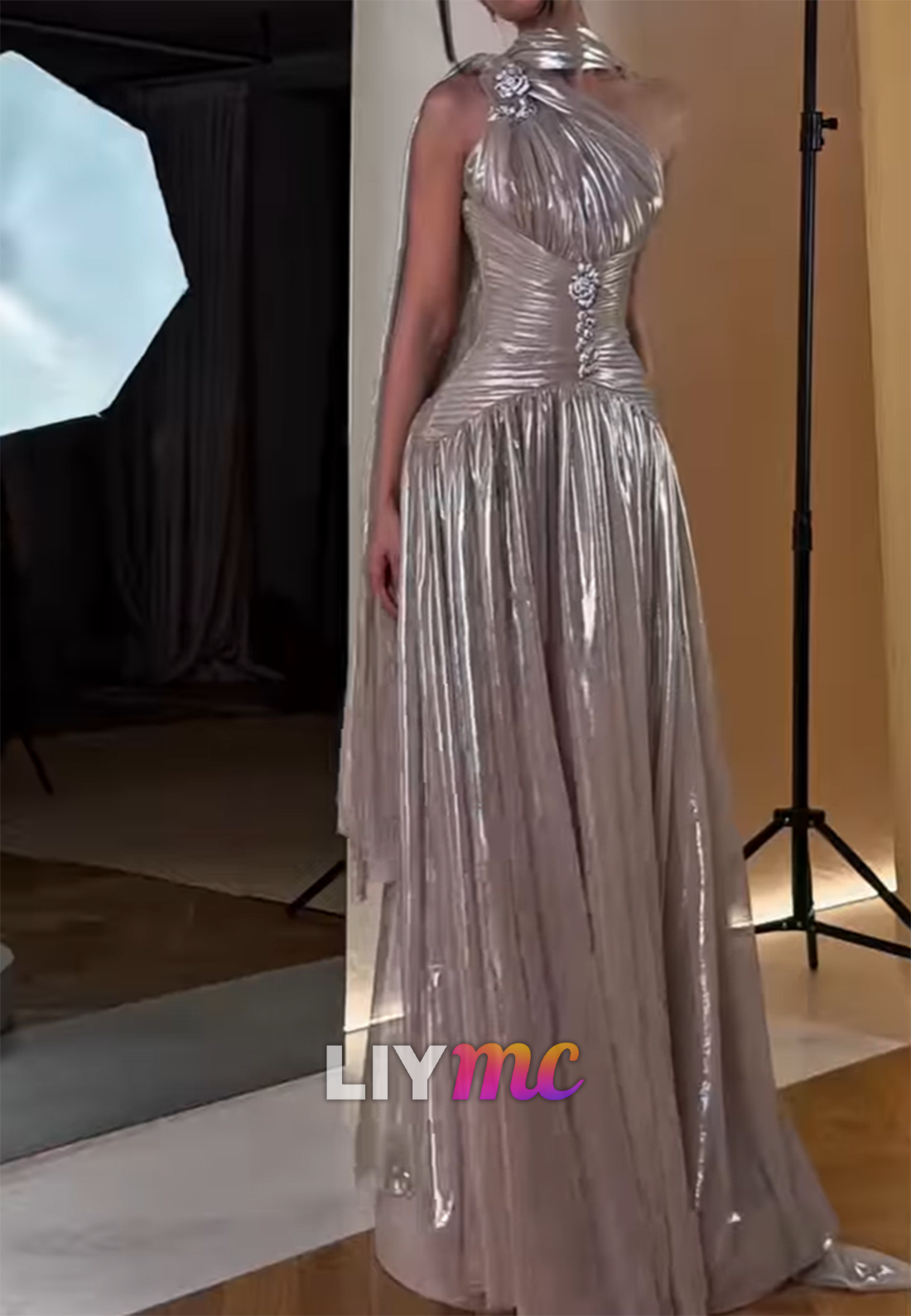 Asymmetrical Sleeveless Pleated Sparkly A-Line Evening Dress