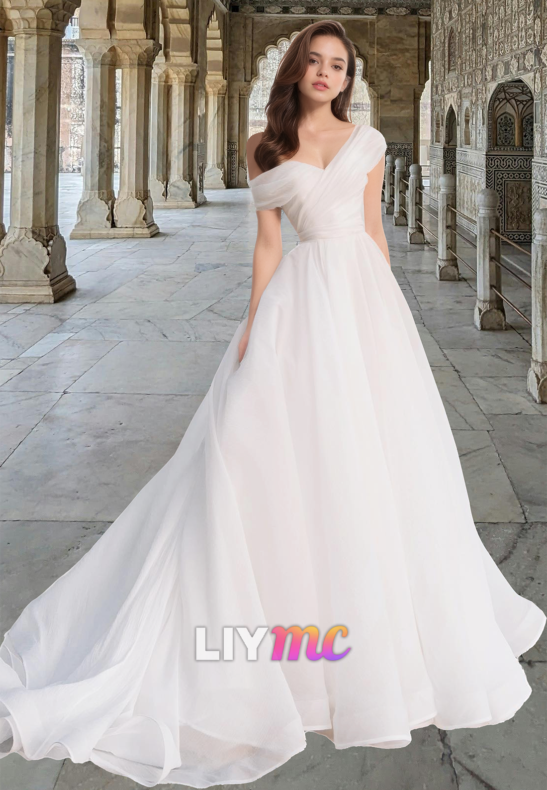 LW015 - A line One Shoulder Organza Simple Wedding Dress with Court Tr Liymc LW015 - A line One Shoulder Organza Simple Wedding Dress with Court Tr Liymc