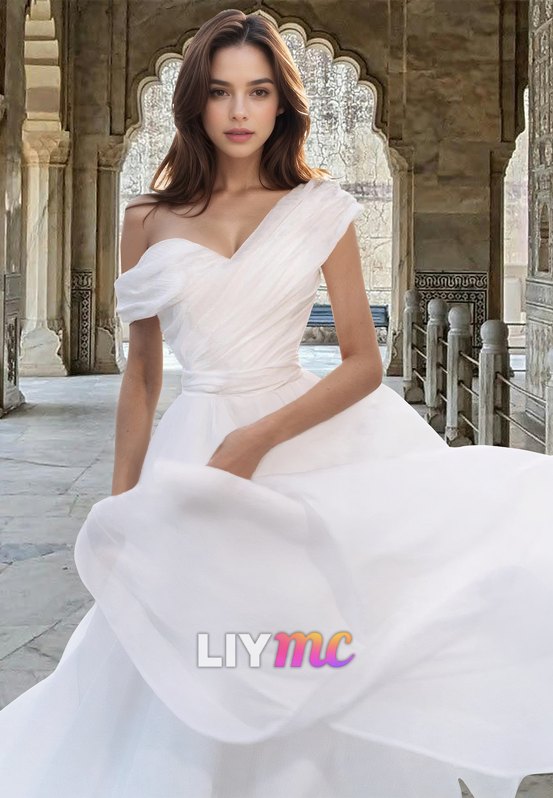 LW015 - A line One Shoulder Organza Simple Wedding Dress with Court Train
