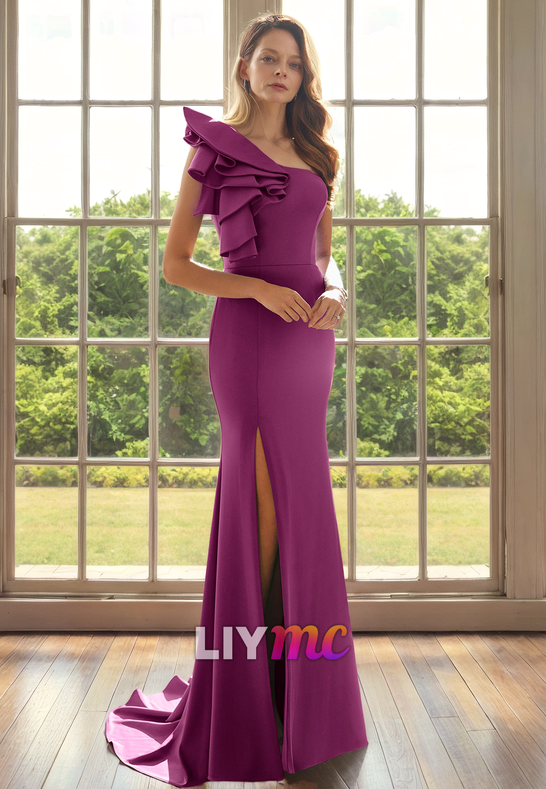 Asymmetrical Sleeveless Ruffled Side Slit Mother of Bride Dress