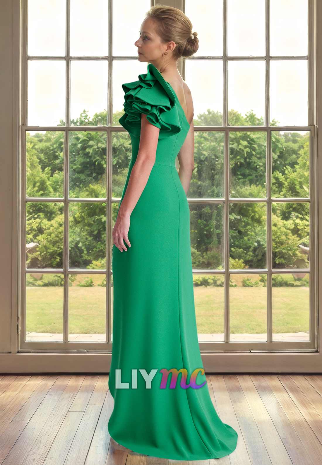 M1258 - Asymmetrical Ruffled Pleated Sleek Satin High Slit Mother of Bride Dress Cocktail Dresss