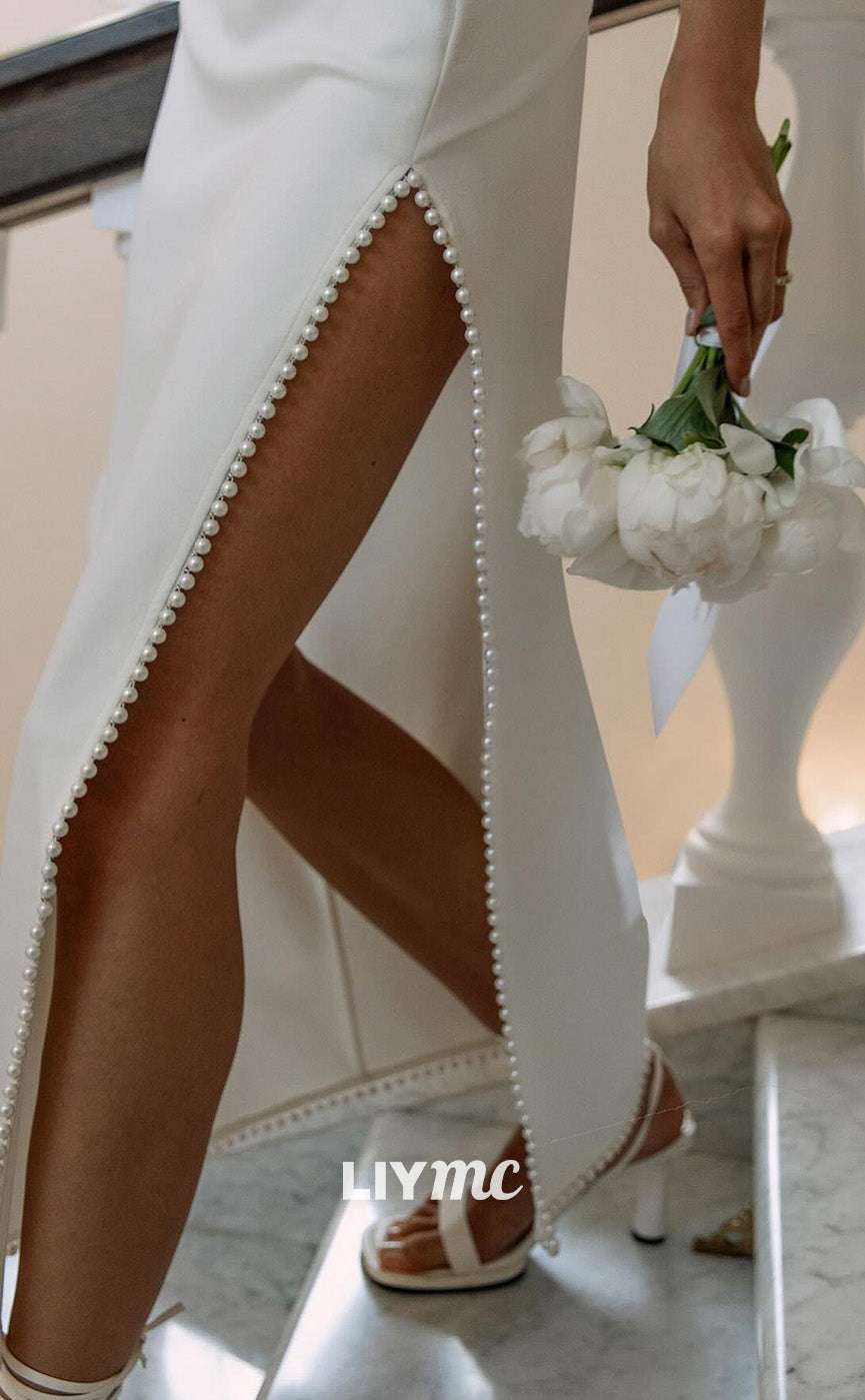 LW945 - Asymmetrical Sleeveless Sleek Satin Side Slit Beach Wedding Dress