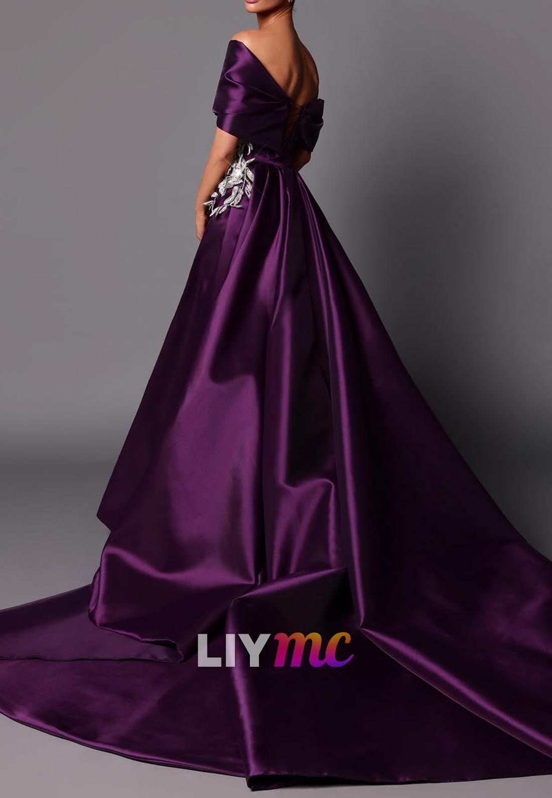 Asymmetrical Sleeves Appliques Pleated Sheath Evening Dress