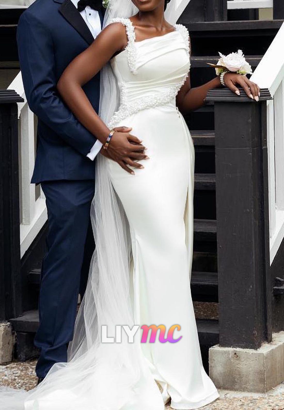 Asymmetrical Straps Pearl Sleek Mermaid Wedding Dress