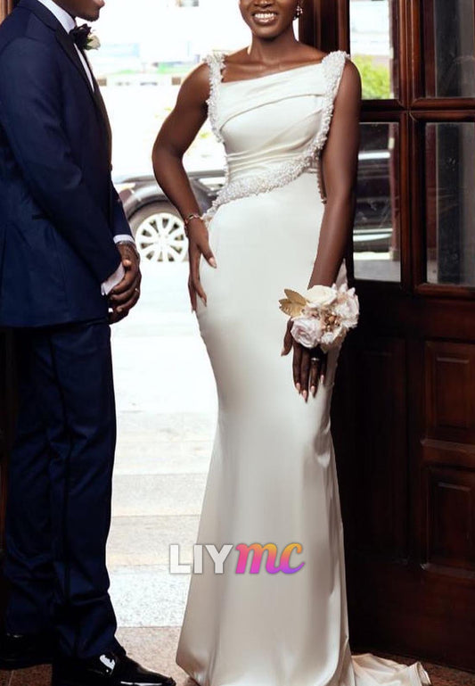 Asymmetrical Straps Pearl Sleek Mermaid Wedding Dress