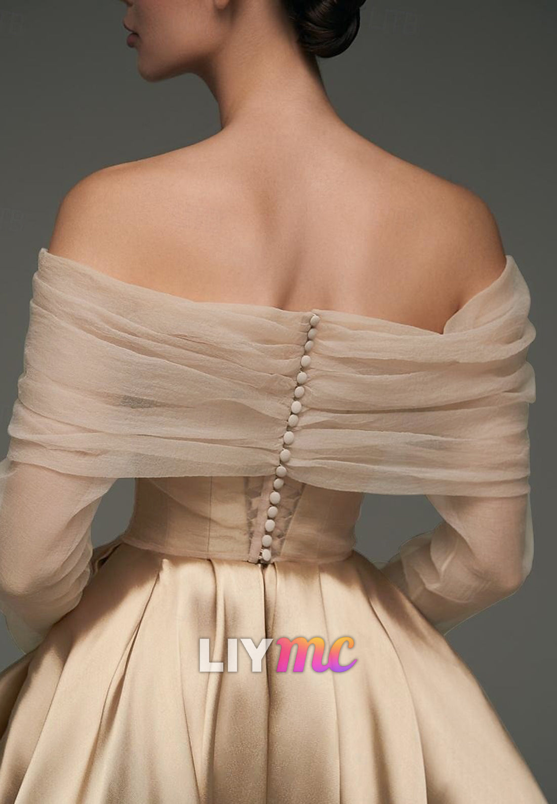 Ball Gown Satin A-Line Cocktail Elegant Dresses Wedding Ankle Length Long Sleeve Off Shoulder Detachable