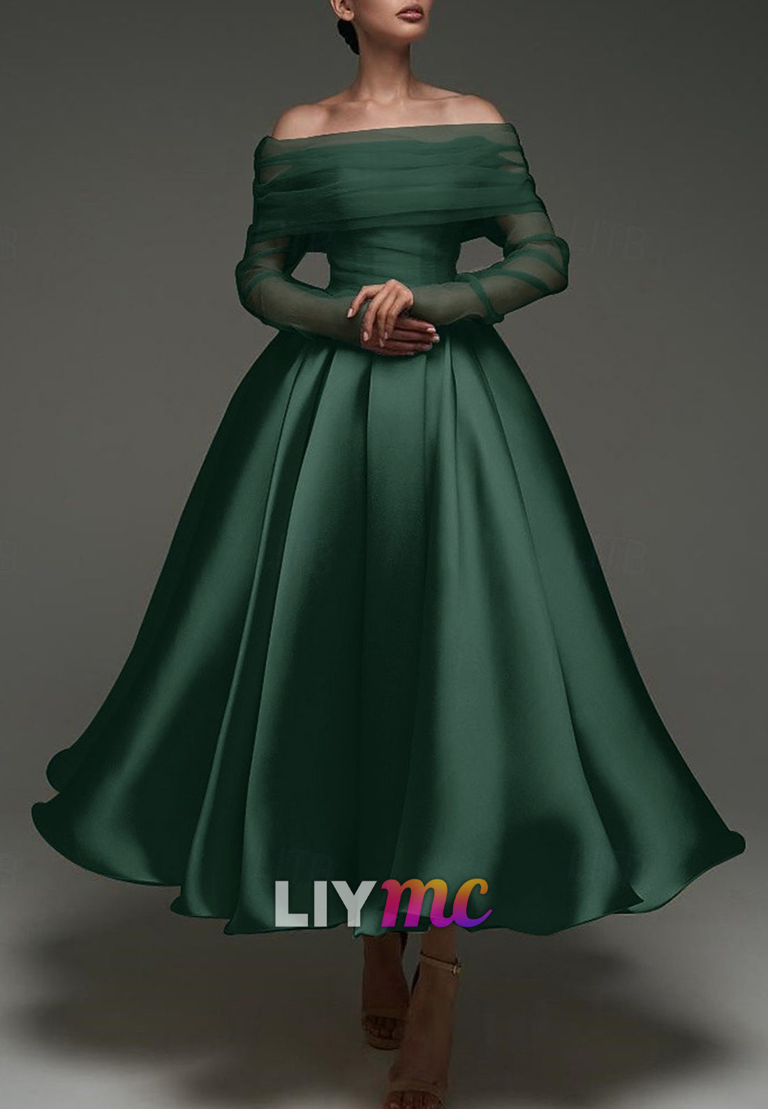 Ball Gown Satin A-Line Cocktail Elegant Dresses Wedding Ankle Length Long Sleeve Off Shoulder Detachable