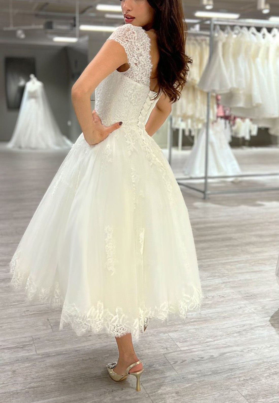 Bateau Cap Sleeves Lace Appliques Midi Wedding Dress