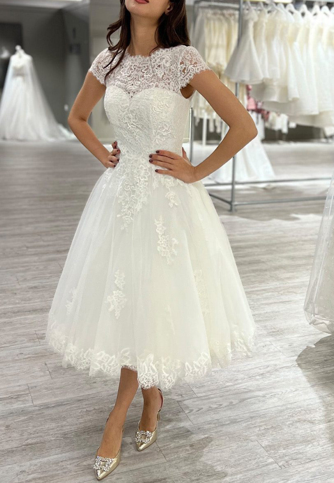 Bateau Cap Sleeves Lace Appliques Midi Wedding Dress