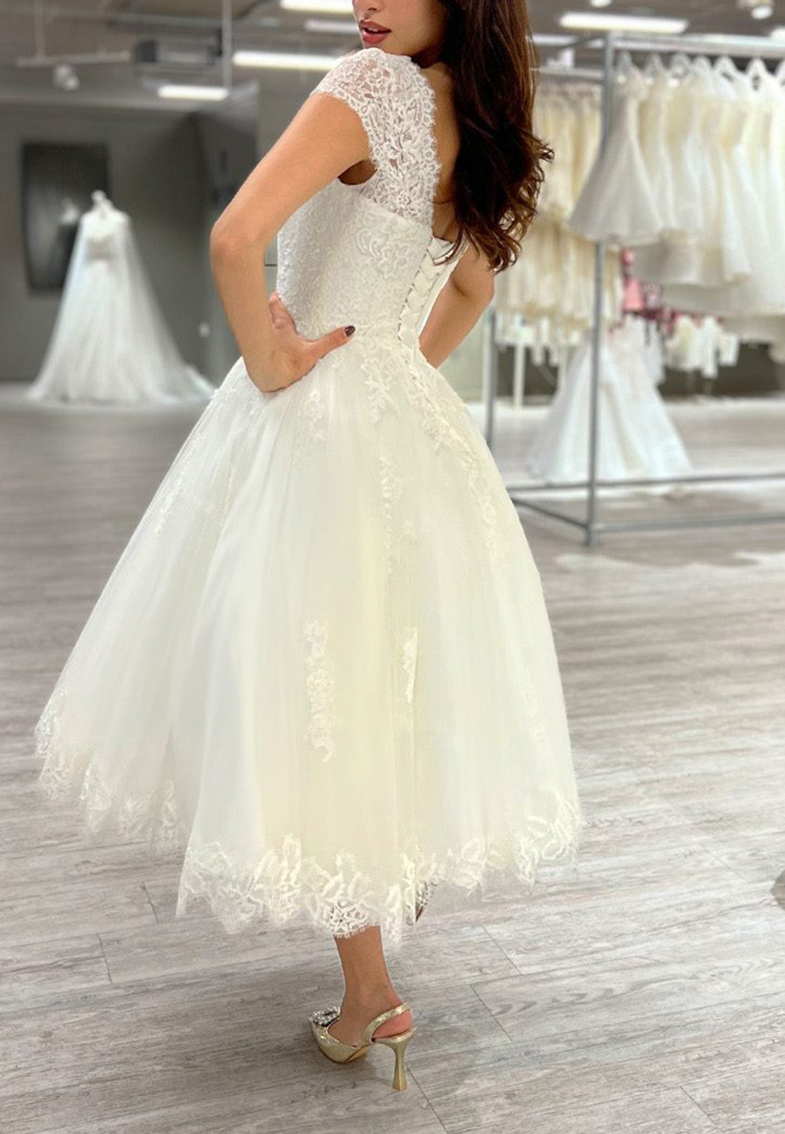 Bateau Cap Sleeves Lace Appliques Midi Wedding Dress