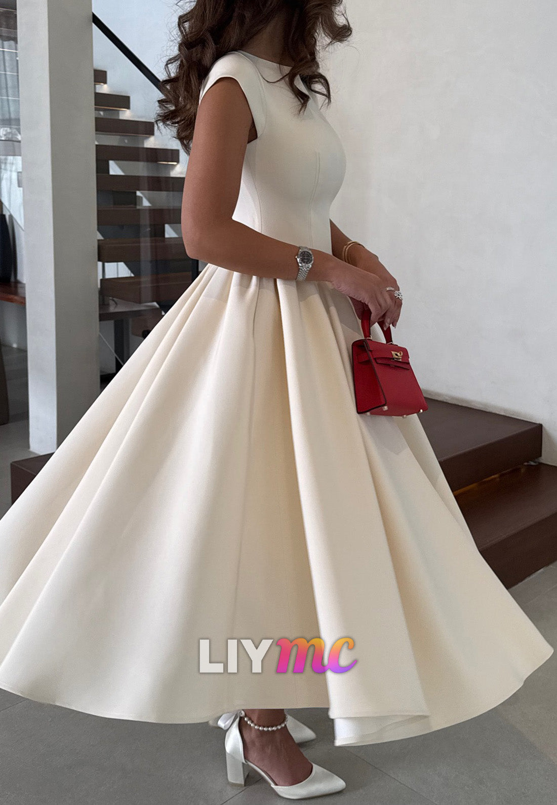Bateau Cap Sleeves Pleated Cocktail Dress A-Line Party Dress