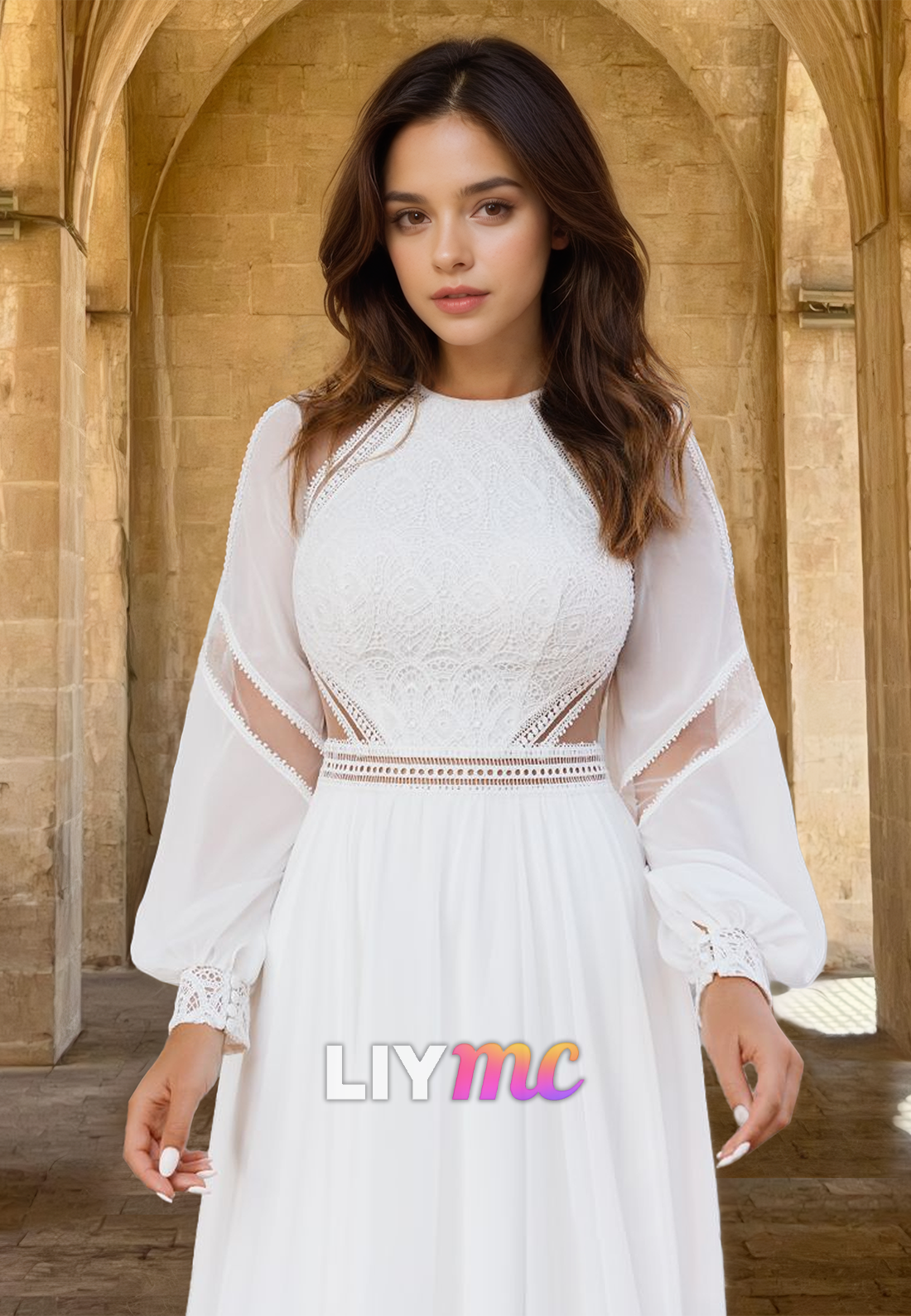 Bateau Long Sleeves Appliques Chiffon Boho A-Line Wedding Dress