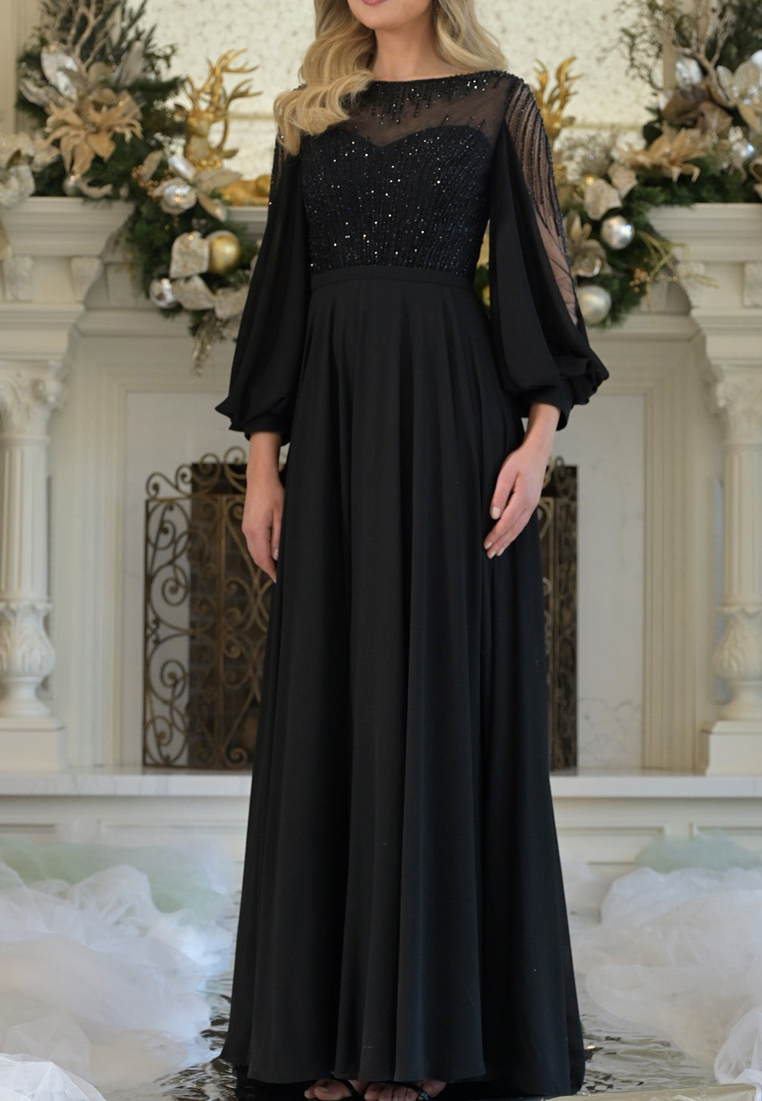 Bateau Long Sleeves Beaded Chiffon A-Line Mother of Bride Dress