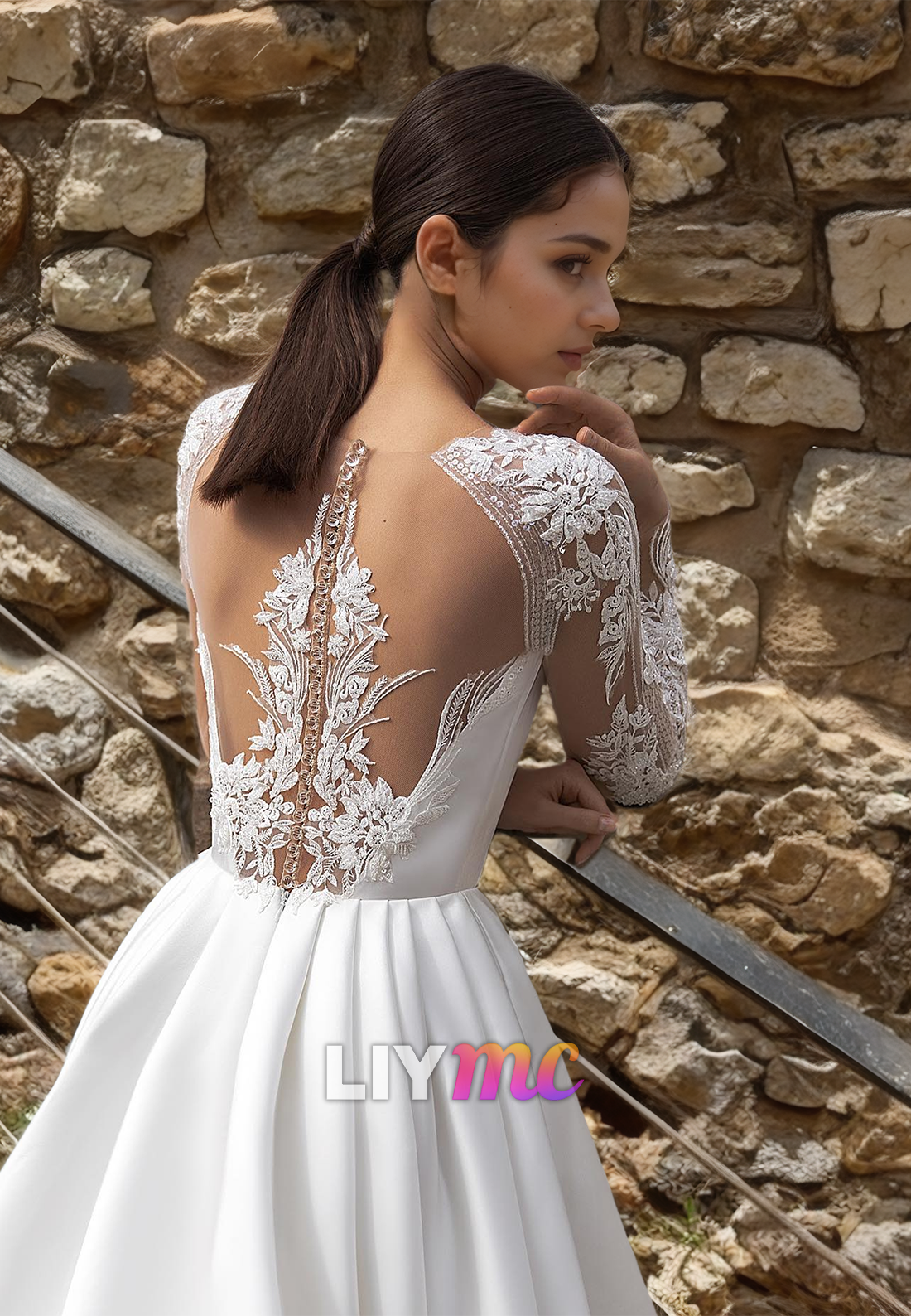 Bateau Long Sleeves Lace Appliques Pleated Satin A-Line Wedding Dress