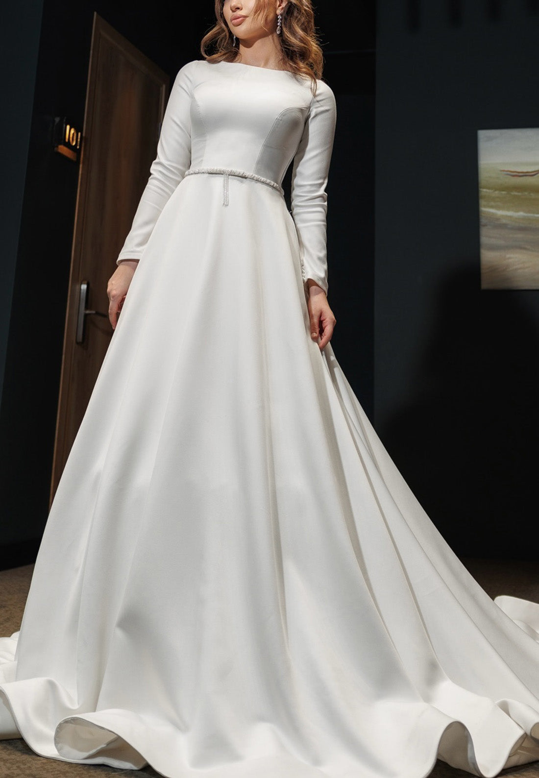 Bateau Long Sleeves Sleek A-Line Classic Wedding Dress