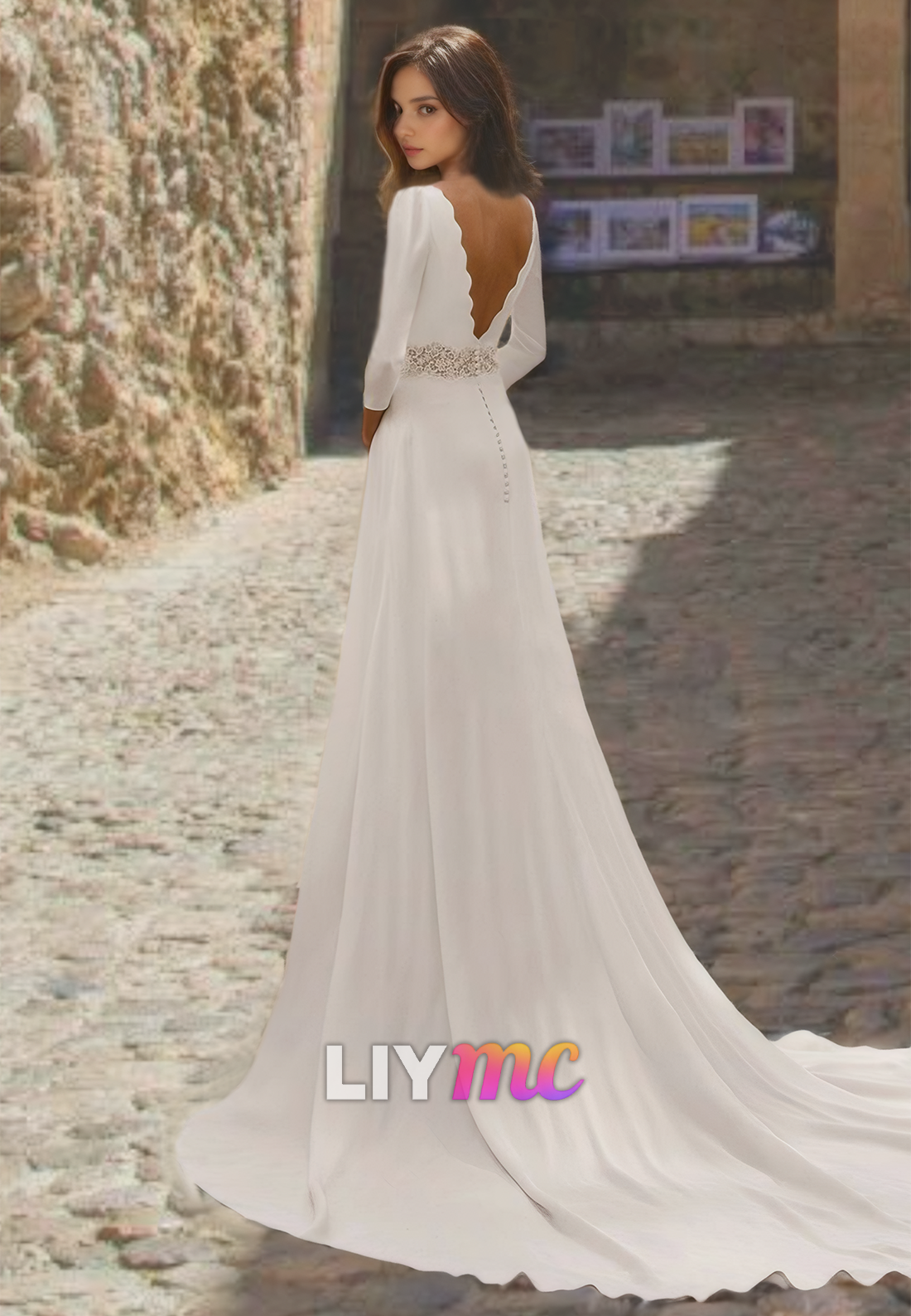 Bateau Long Sleeves Sleek Appliques Sheath Wedding Dress