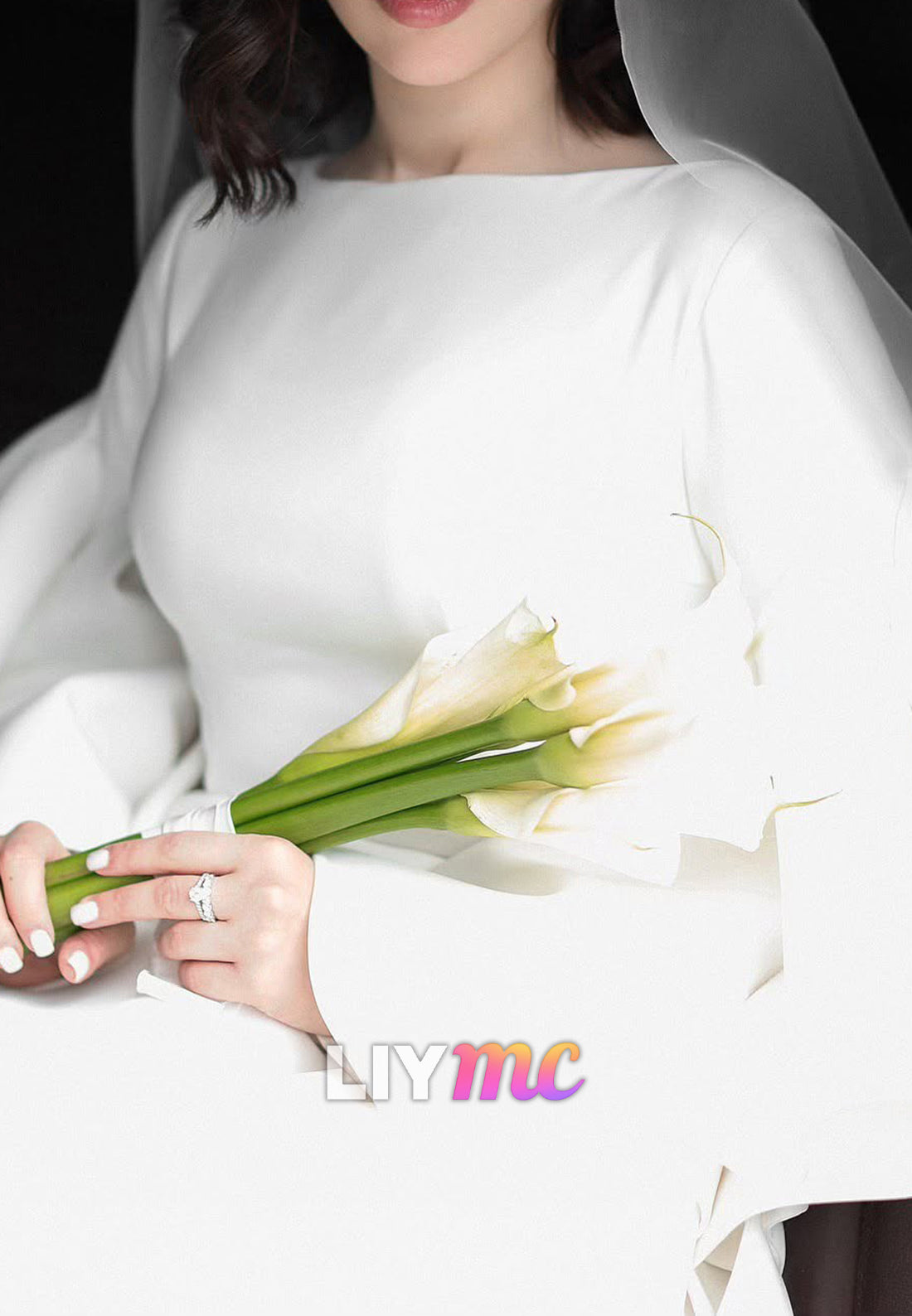 Bateau Long Sleeves Sleek Satin Sheath Wedding Dress