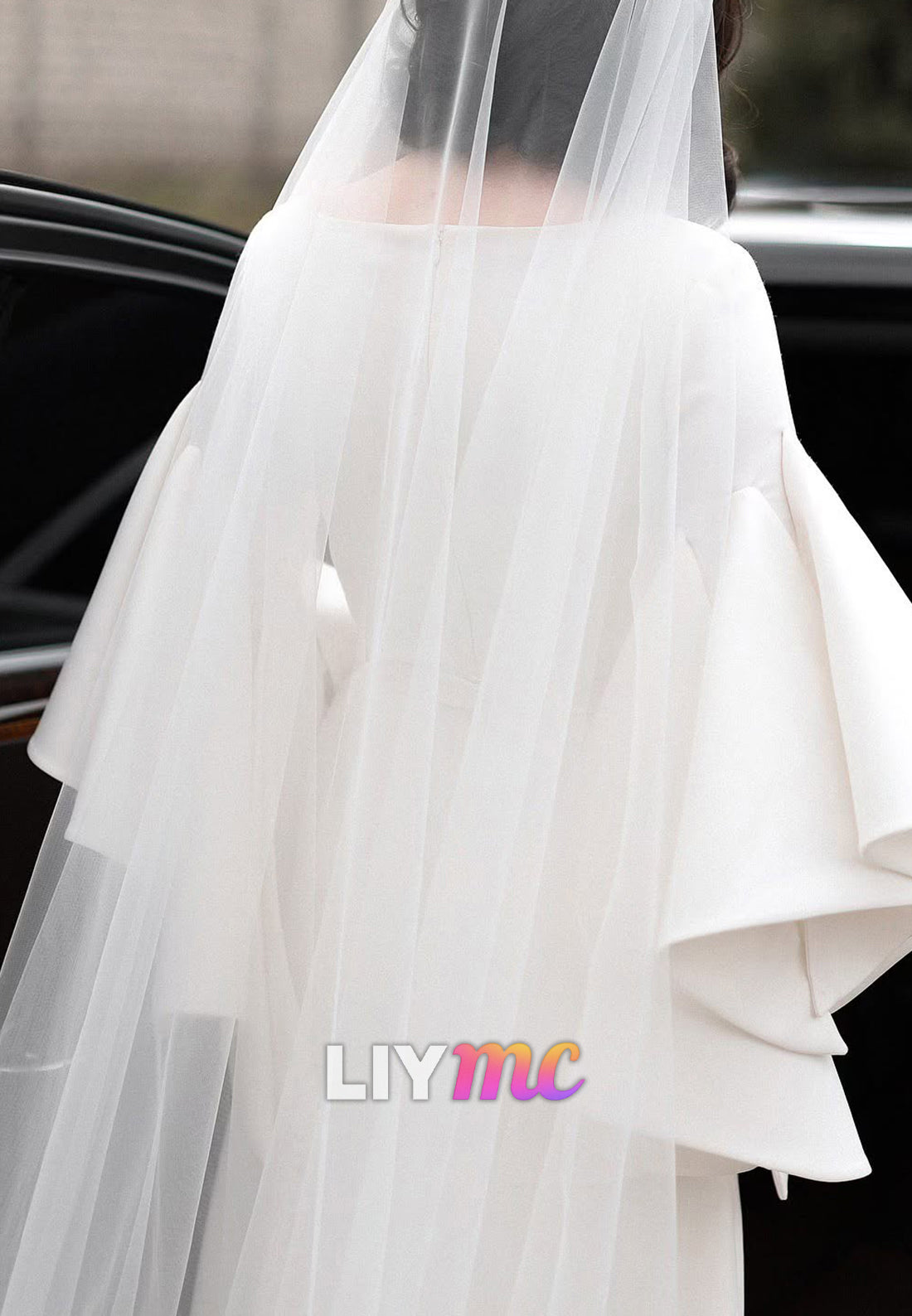 Bateau Long Sleeves Sleek Satin Sheath Wedding Dress