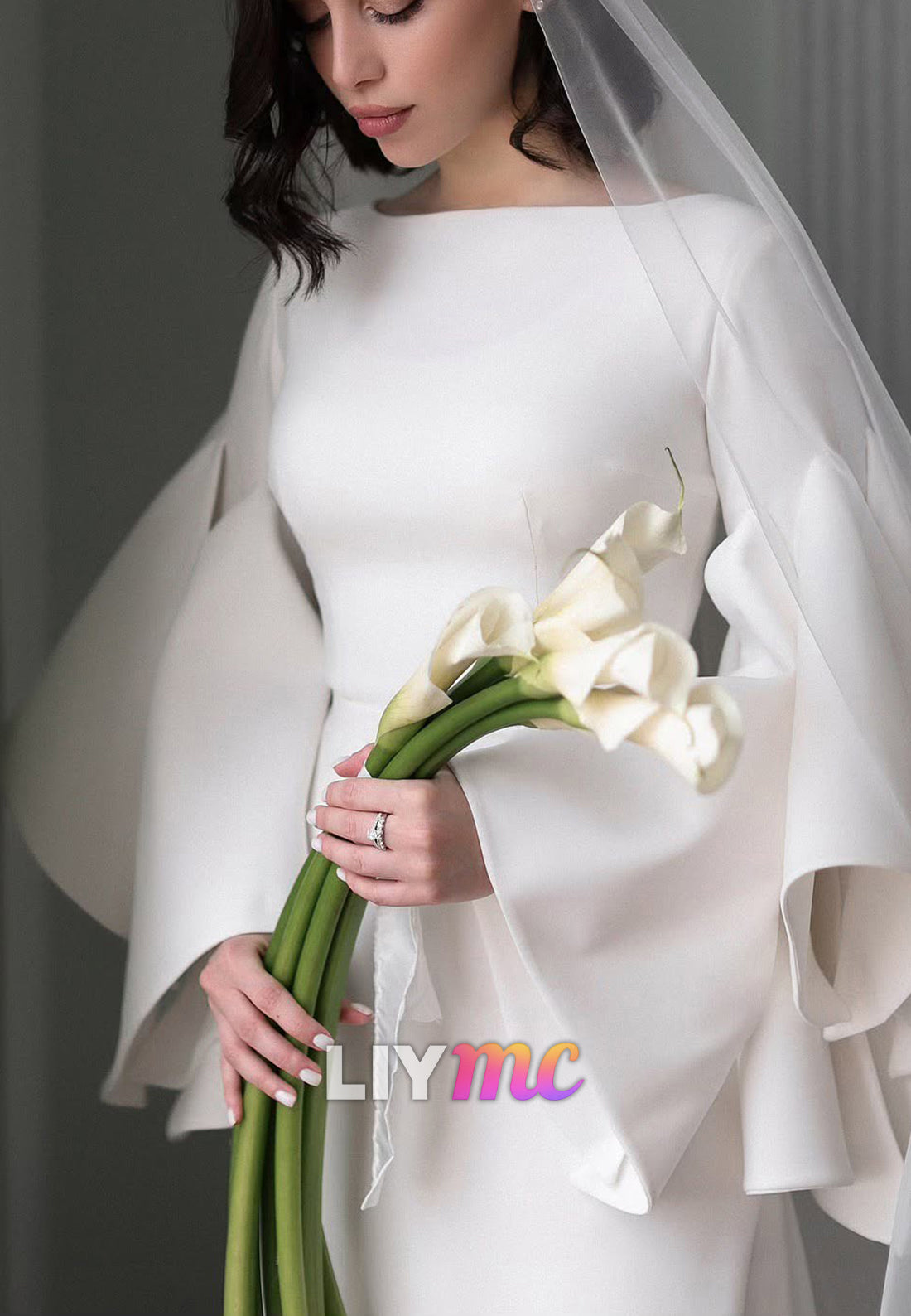 Bateau Long Sleeves Sleek Satin Sheath Wedding Dress