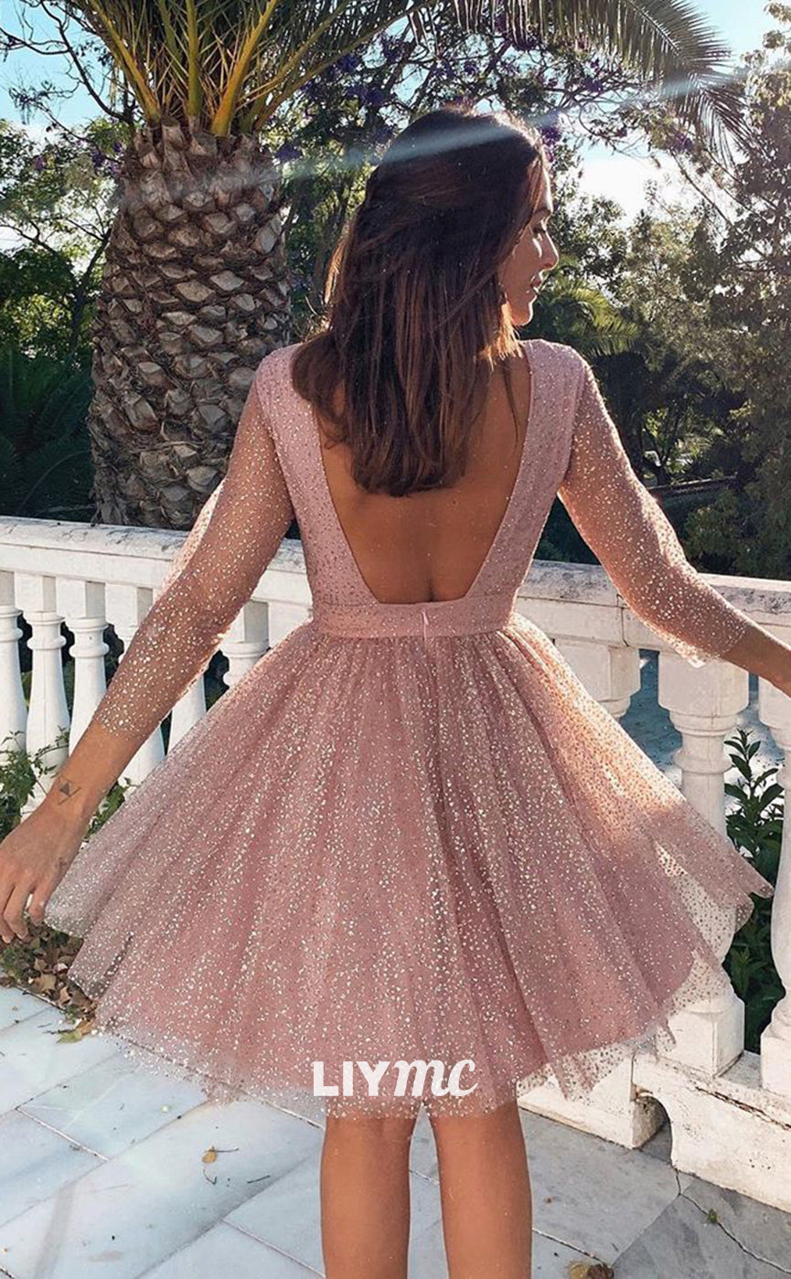 LY039 - Bateau Long Sleeves Tulle Open Back A-Line Short Homecoming Dress