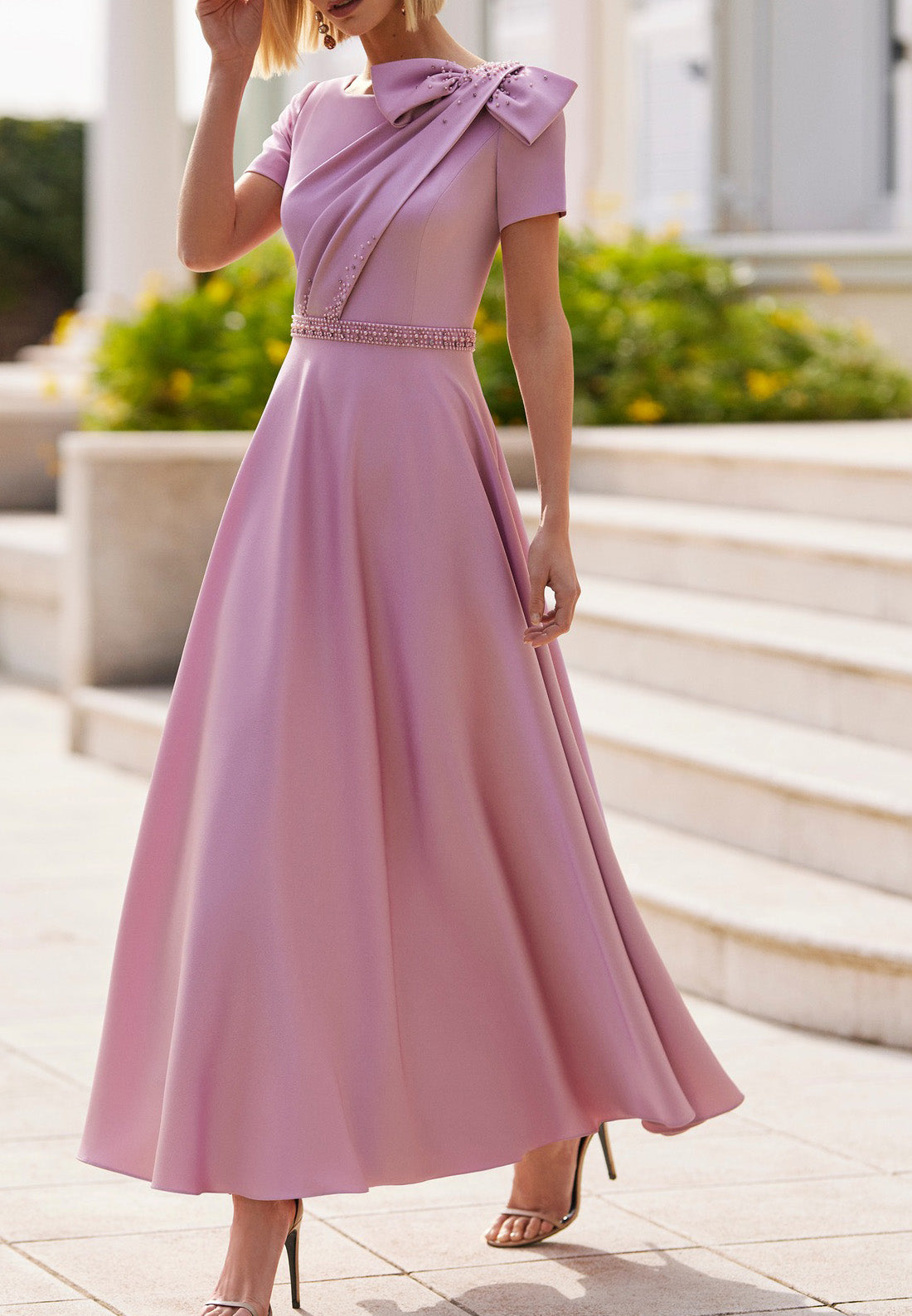 Bateau Short Sleeves Sleek Bowknot A-Line Mother of Bride Dress
