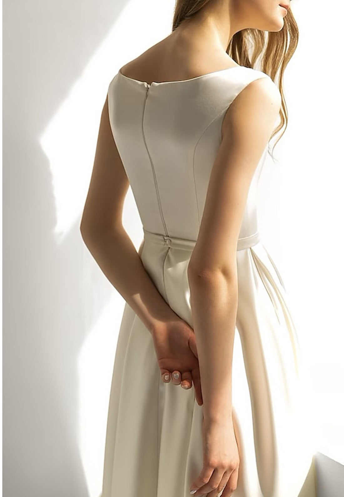 Bateau Sleeveless Sleek Pleated Satin Midi Wedding Dress