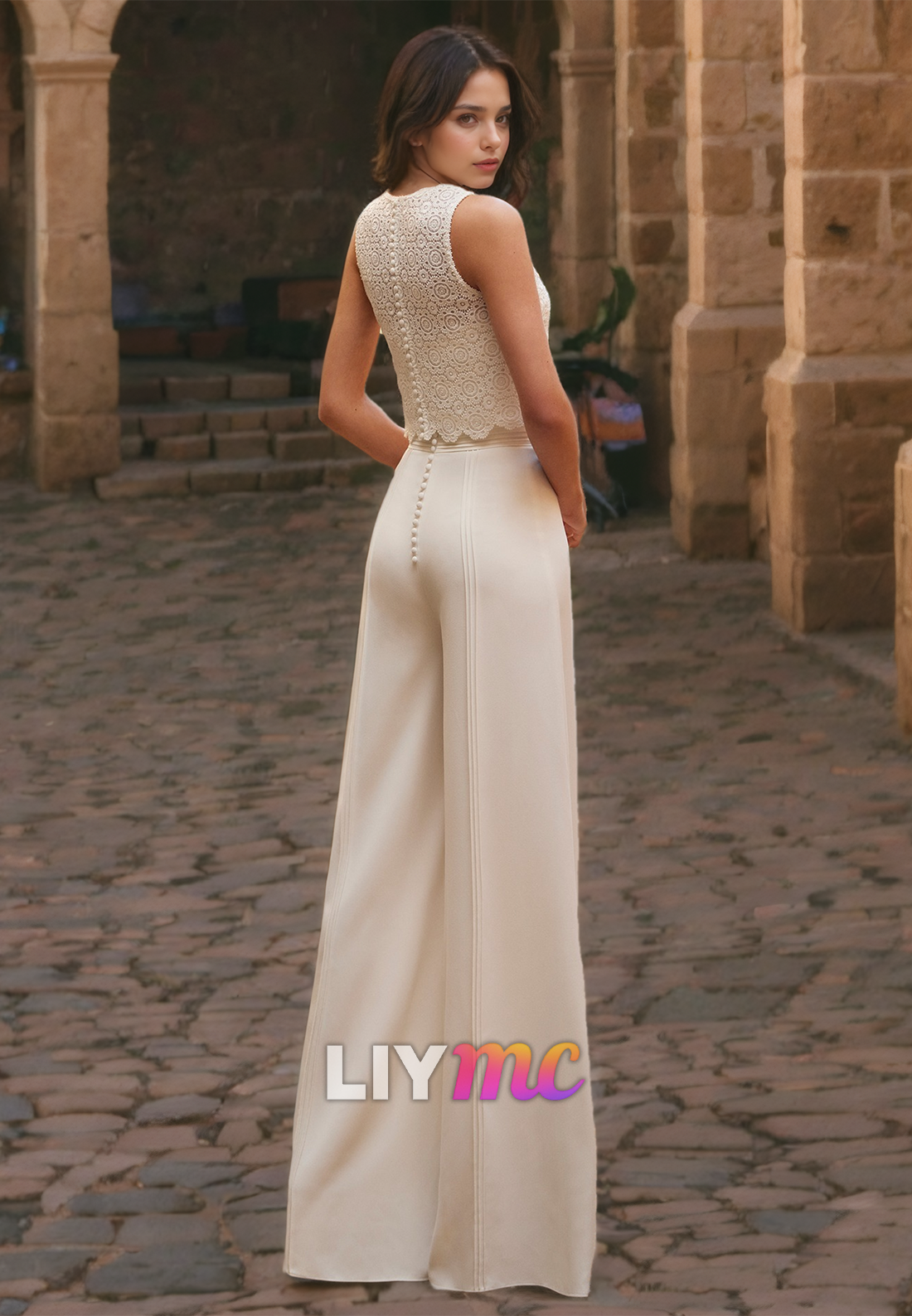 Bateau Sleeveless Appliques Jumpsuit Wedding Dress