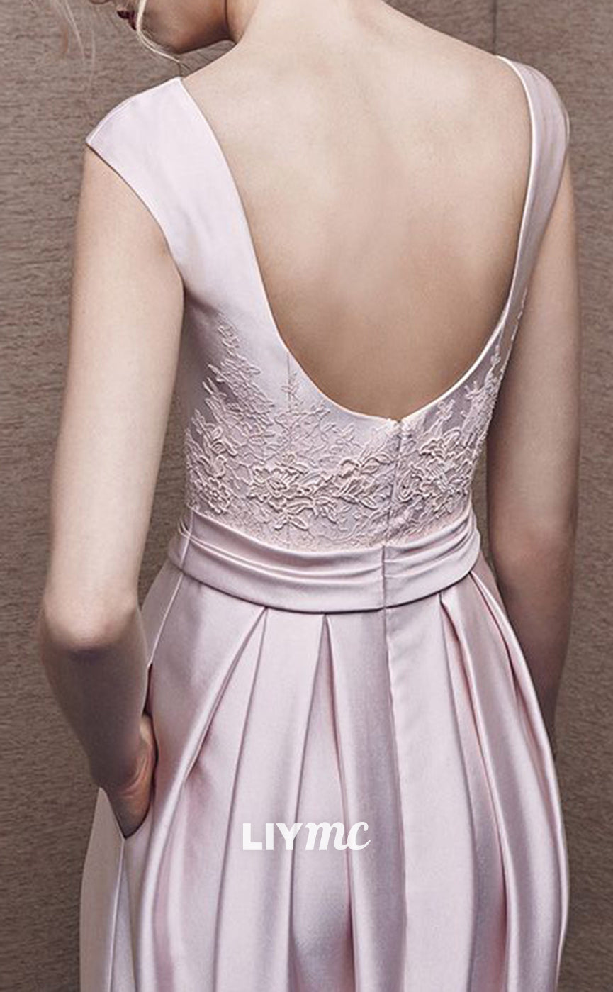 M1115 - Bateau Sleeveless Appliques Pleated A-Line Sleek Satin Wedding Guest Dress