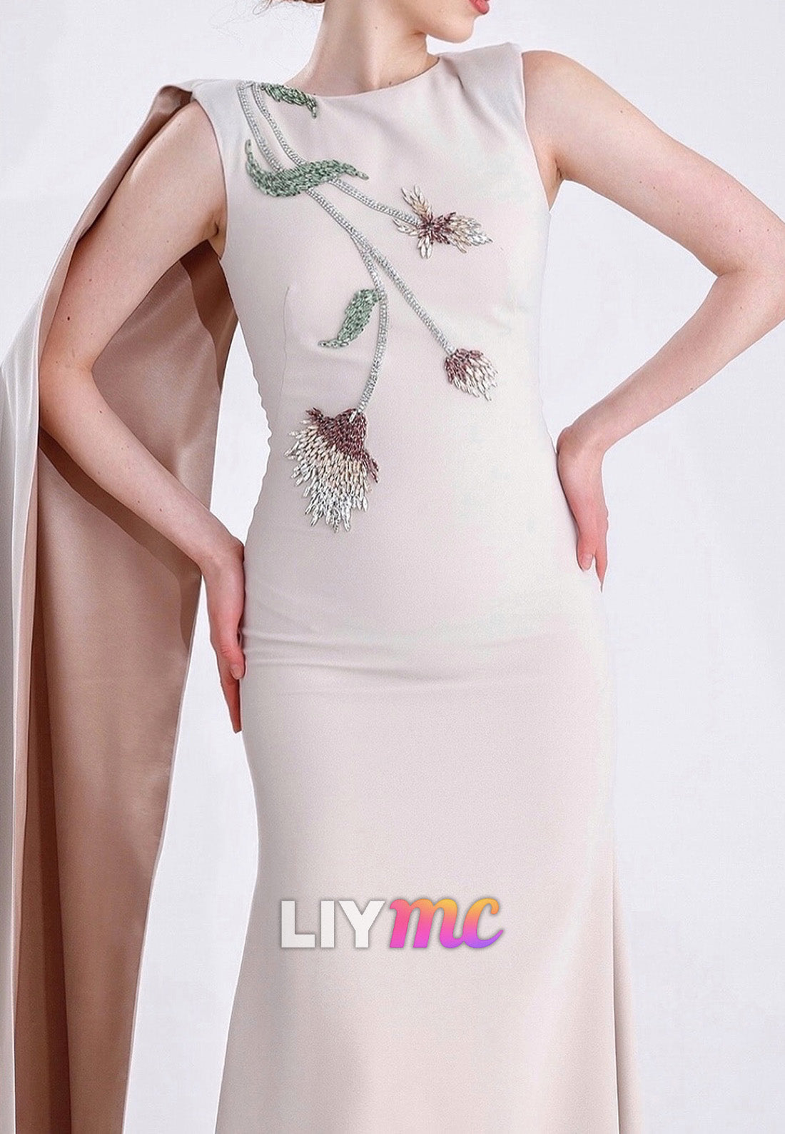 Bateau Sleeveless Beaded Sheath Evening Dress