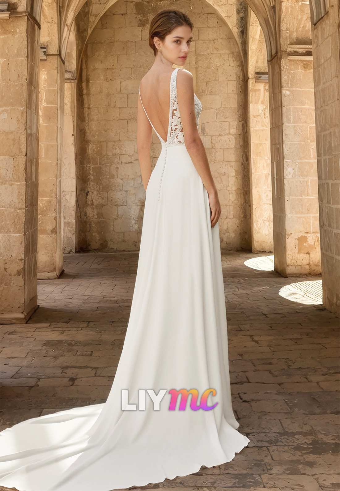 Bateau Sleeveless Lace Appliques Backless A-Line Wedding Dress