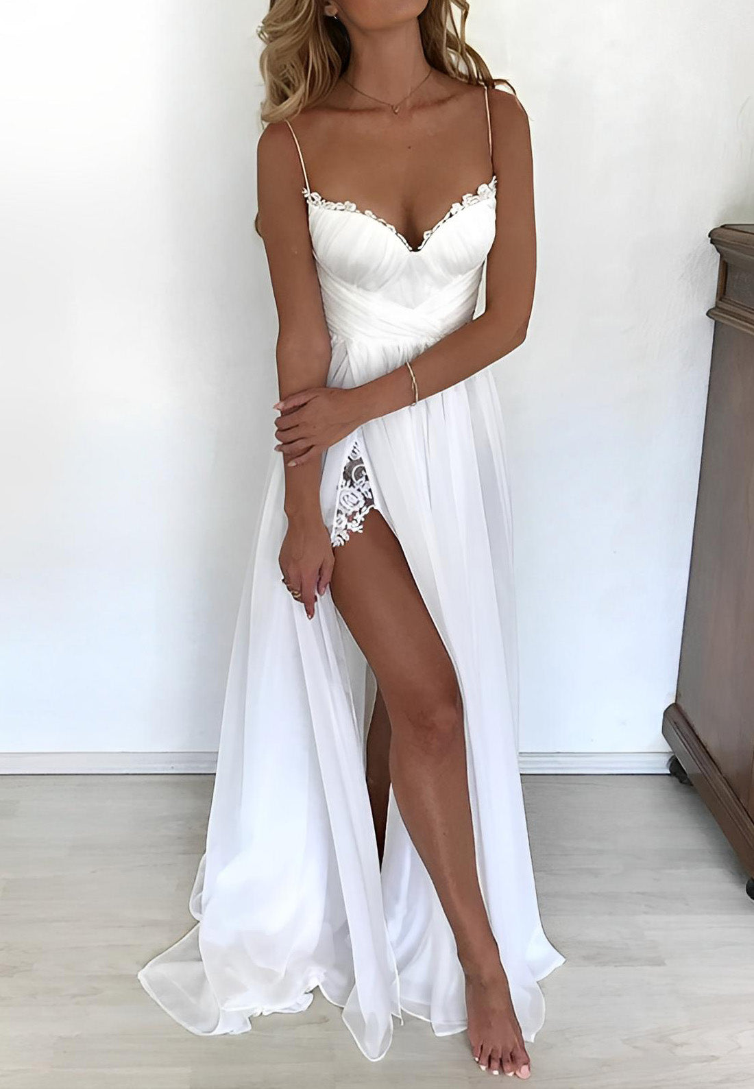 V-Neck Spaghetti Straps Pleated High Slit A-Line Beach Wedding Dress