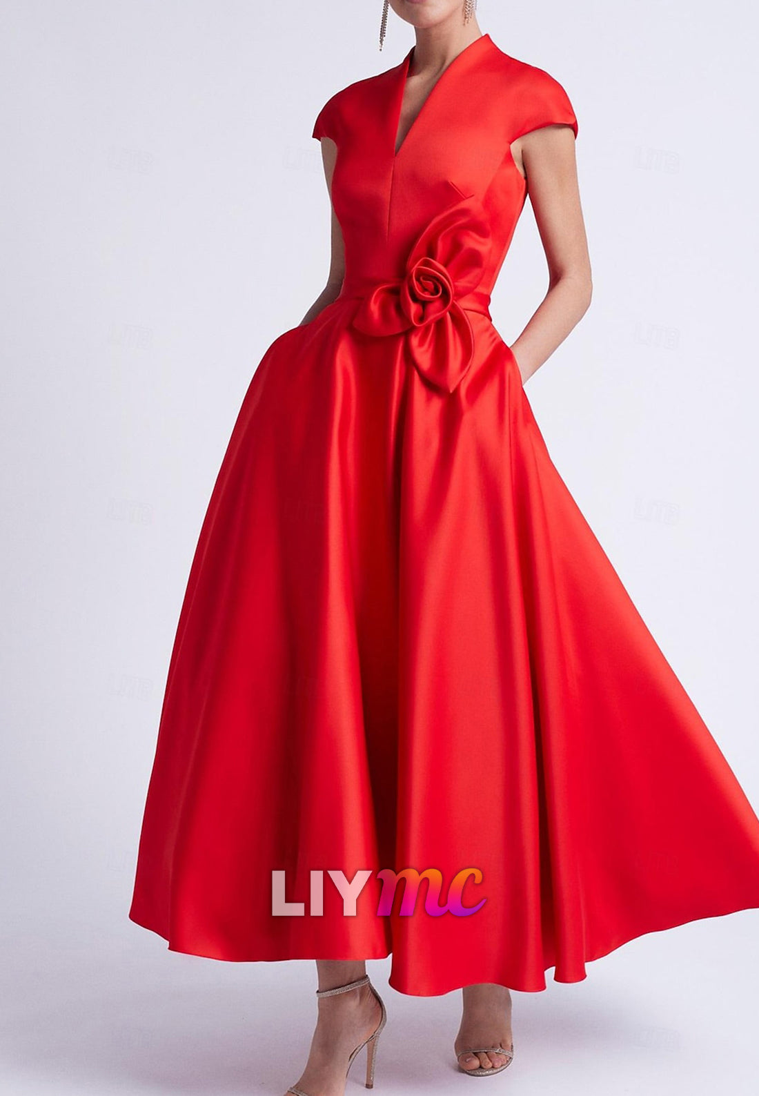 Wedding A-Line Cocktail Dresses Elegant Dress Party Tea Length Sleeveless V Neck Pocket Satin