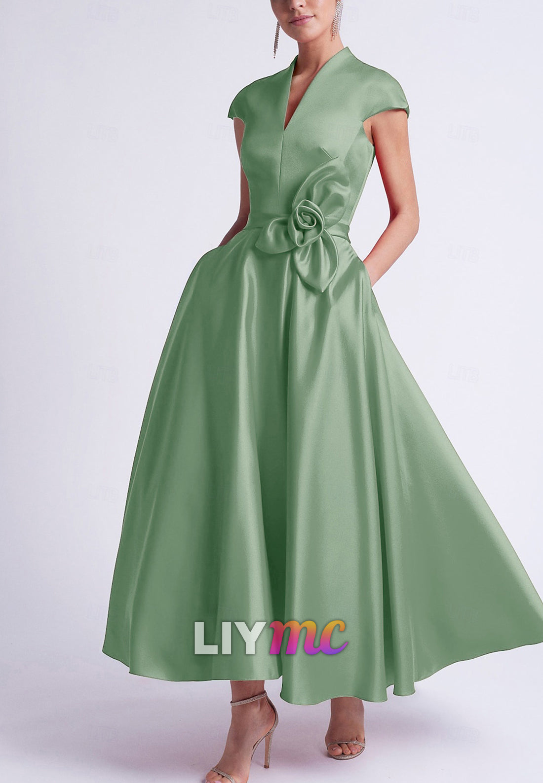 Wedding A-Line Cocktail Dresses Elegant Dress Party Tea Length Sleeveless V Neck Pocket Satin
