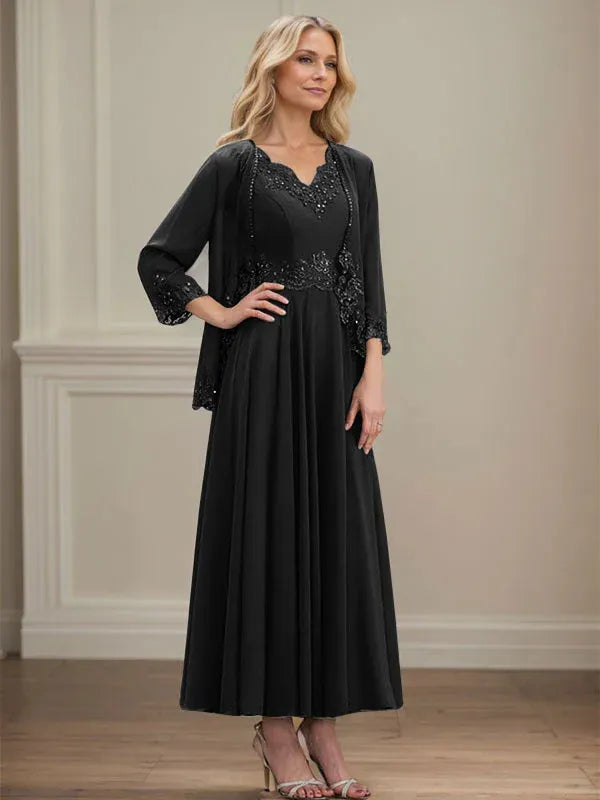 A-line V-Neck Ankle-Length Chiffon Mother of the Bride Dress With Sequins Appliques Lace Beading