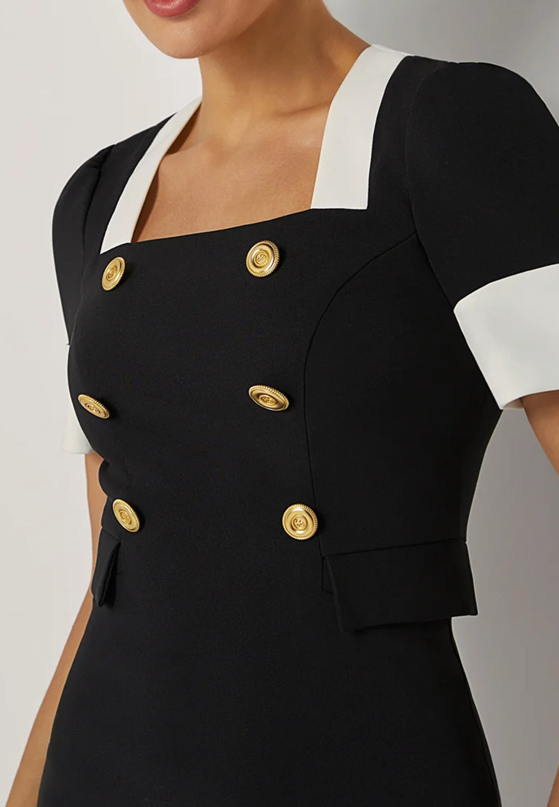 Black Buckle Blazer Square Neck Short Sleeve Sheath Midi Dress
