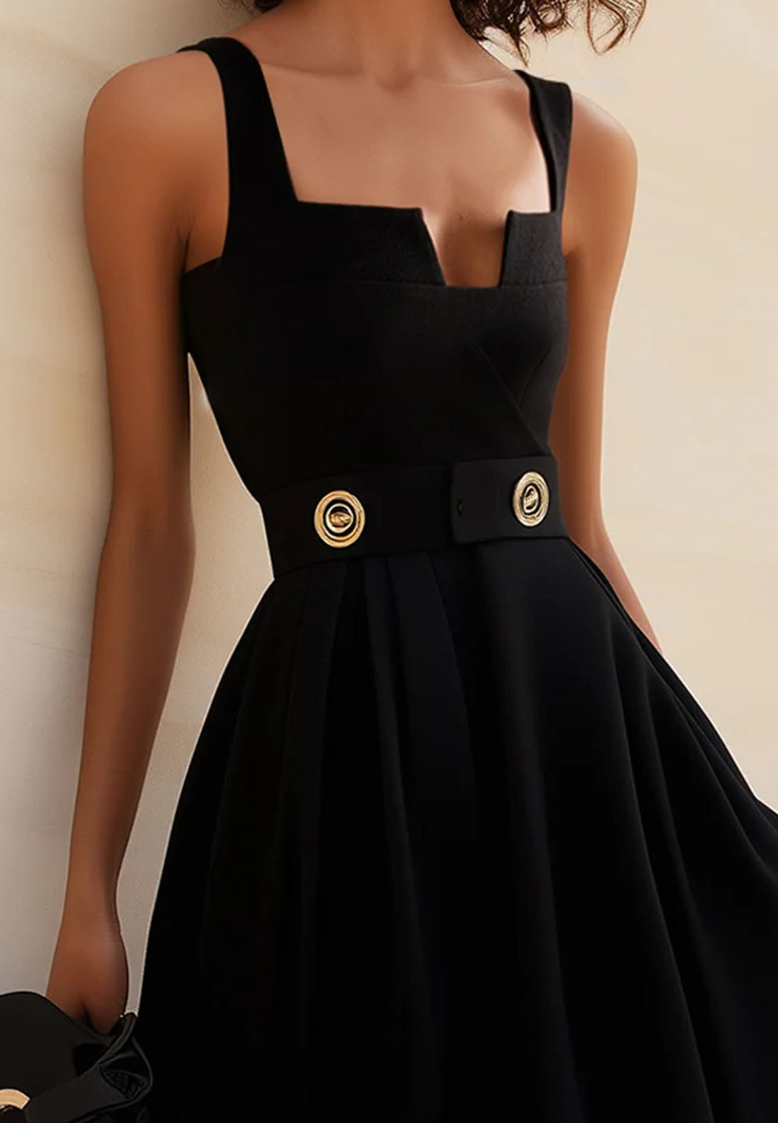 Black Buckle Notched Sleeveless A-Line Midi Dress