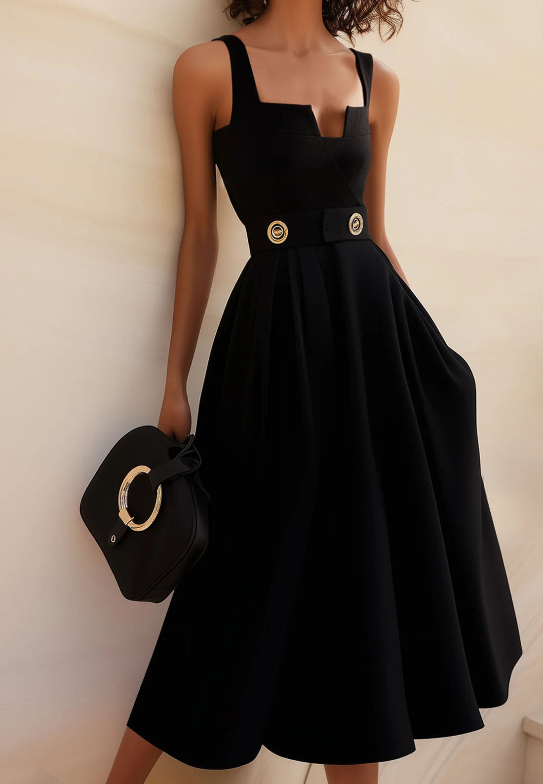 Black Buckle Notched Sleeveless A-Line Midi Dress