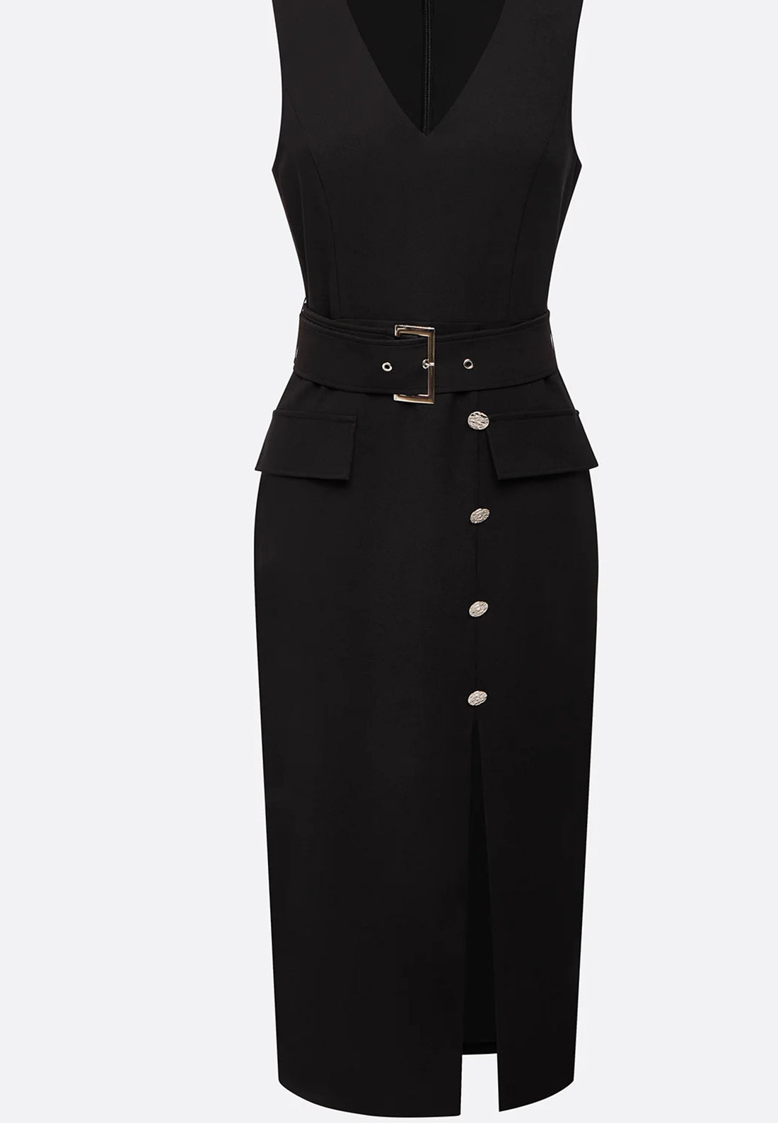 Black Buckle Slit Classic V Neck Sleeveless Sheath Midi Dress