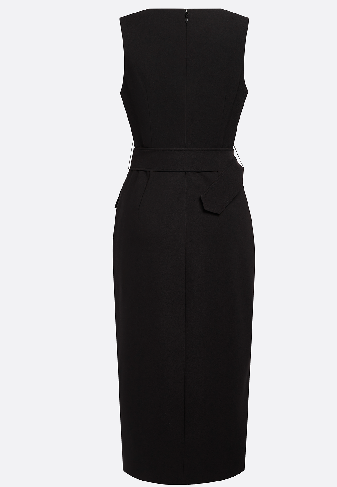 Black Buckle Slit Classic V Neck Sleeveless Sheath Midi Dress