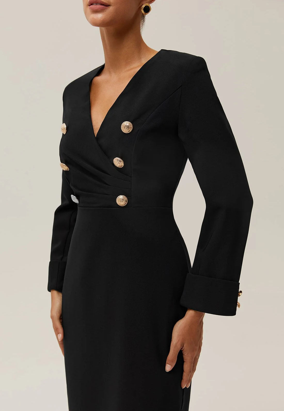 Black Buckle V Neck Long Sleeve Sheath Midi Blazer Dress