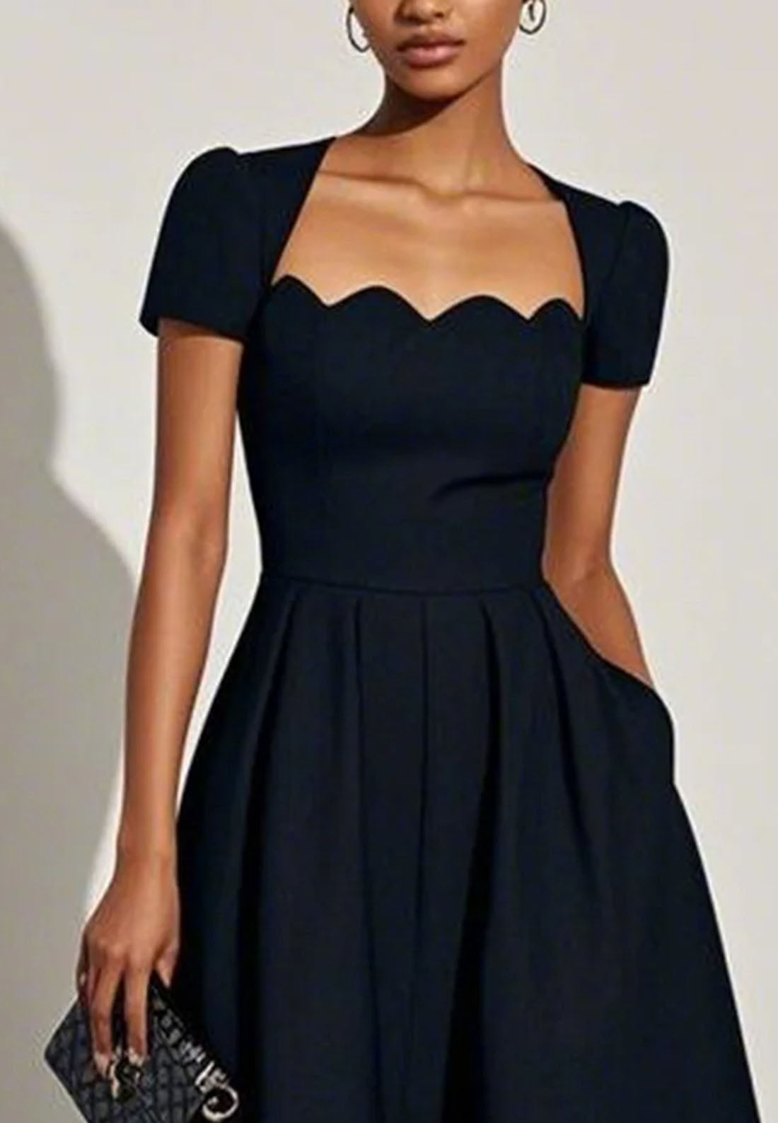 Black Irregular Craftsmanship Classic Square Neck Short Sleeve A-Line Midi Dress