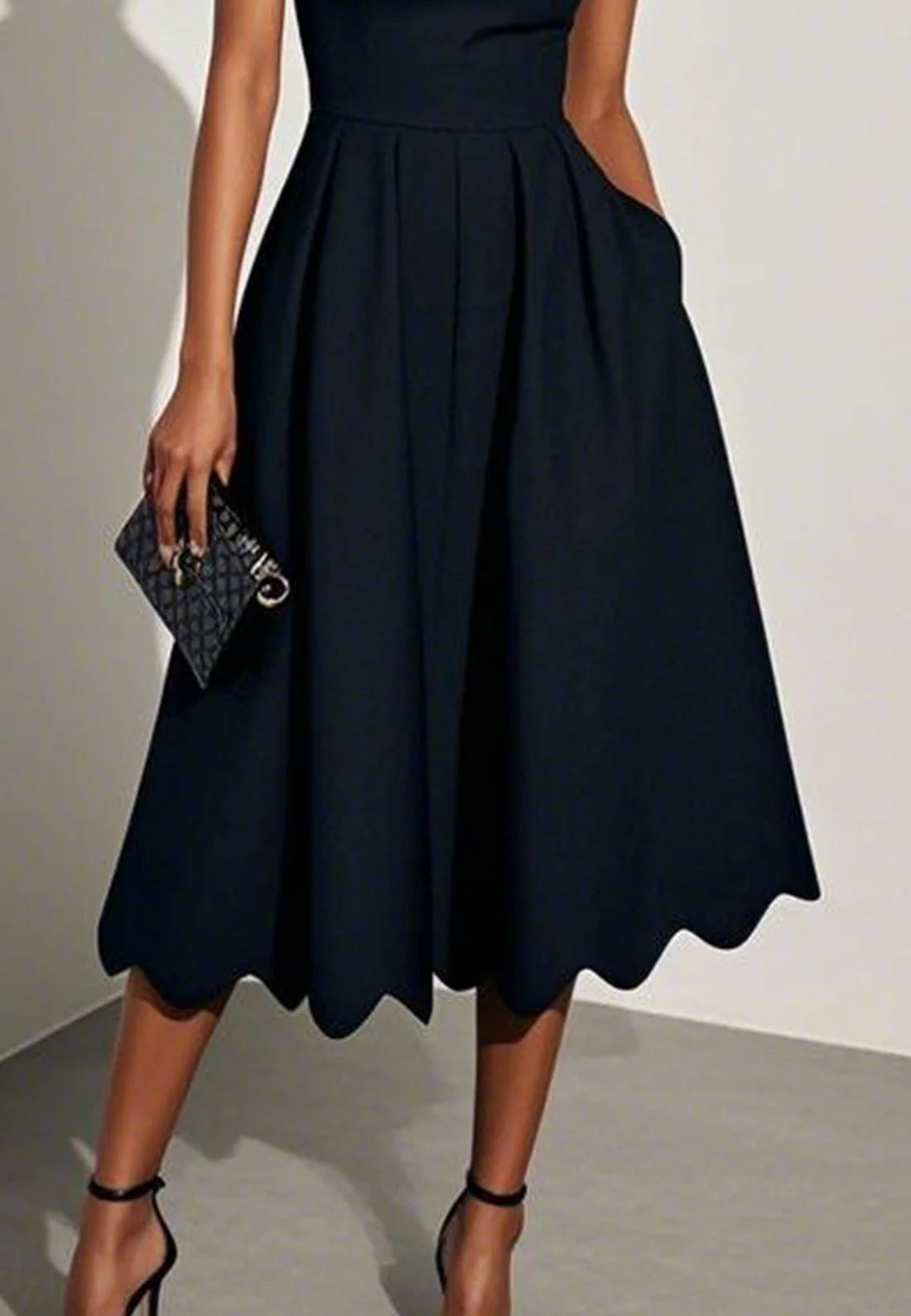 Black Irregular Craftsmanship Classic Square Neck Short Sleeve A-Line Midi Dress