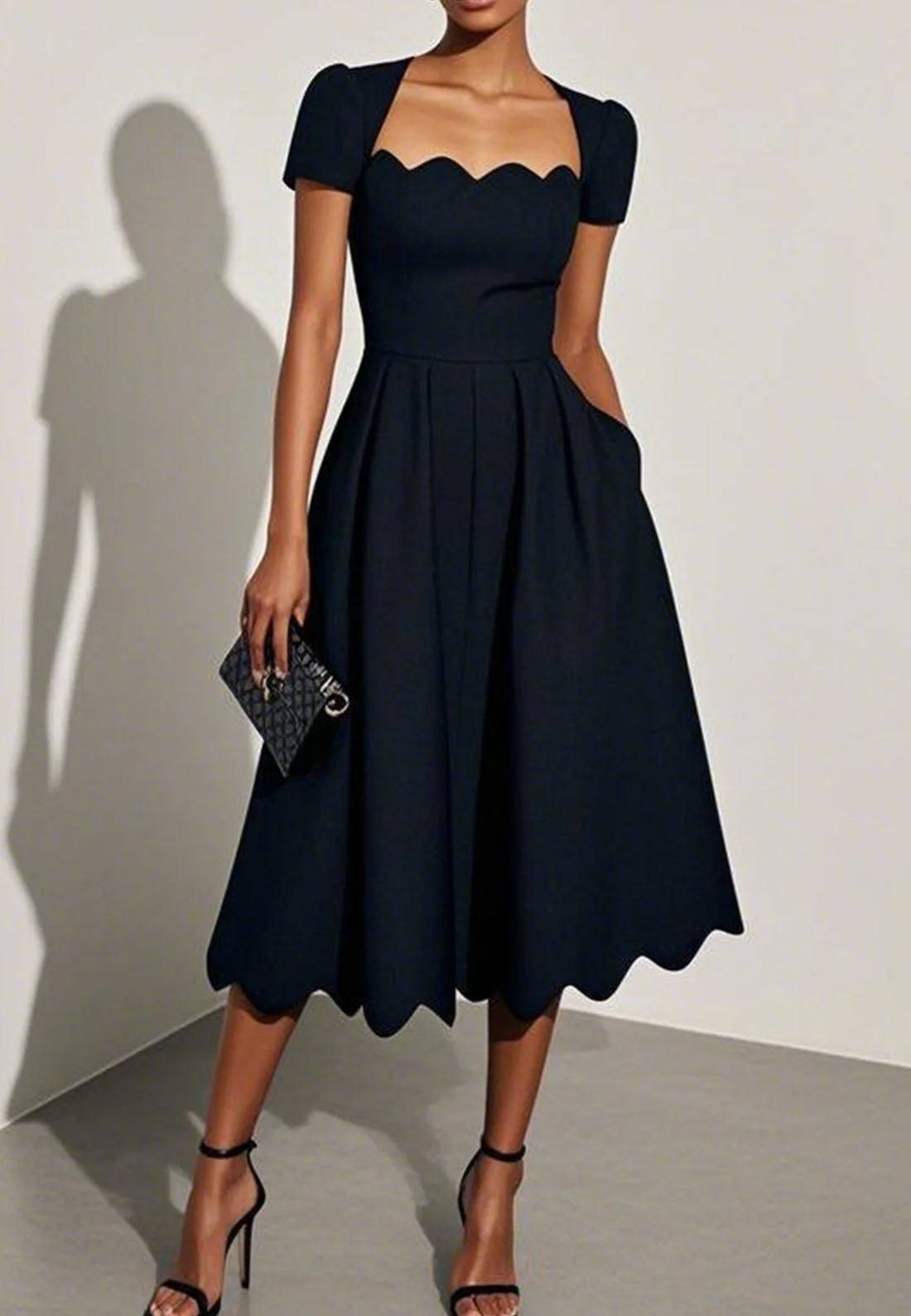 Black Irregular Craftsmanship Classic Square Neck Short Sleeve A-Line Midi Dress