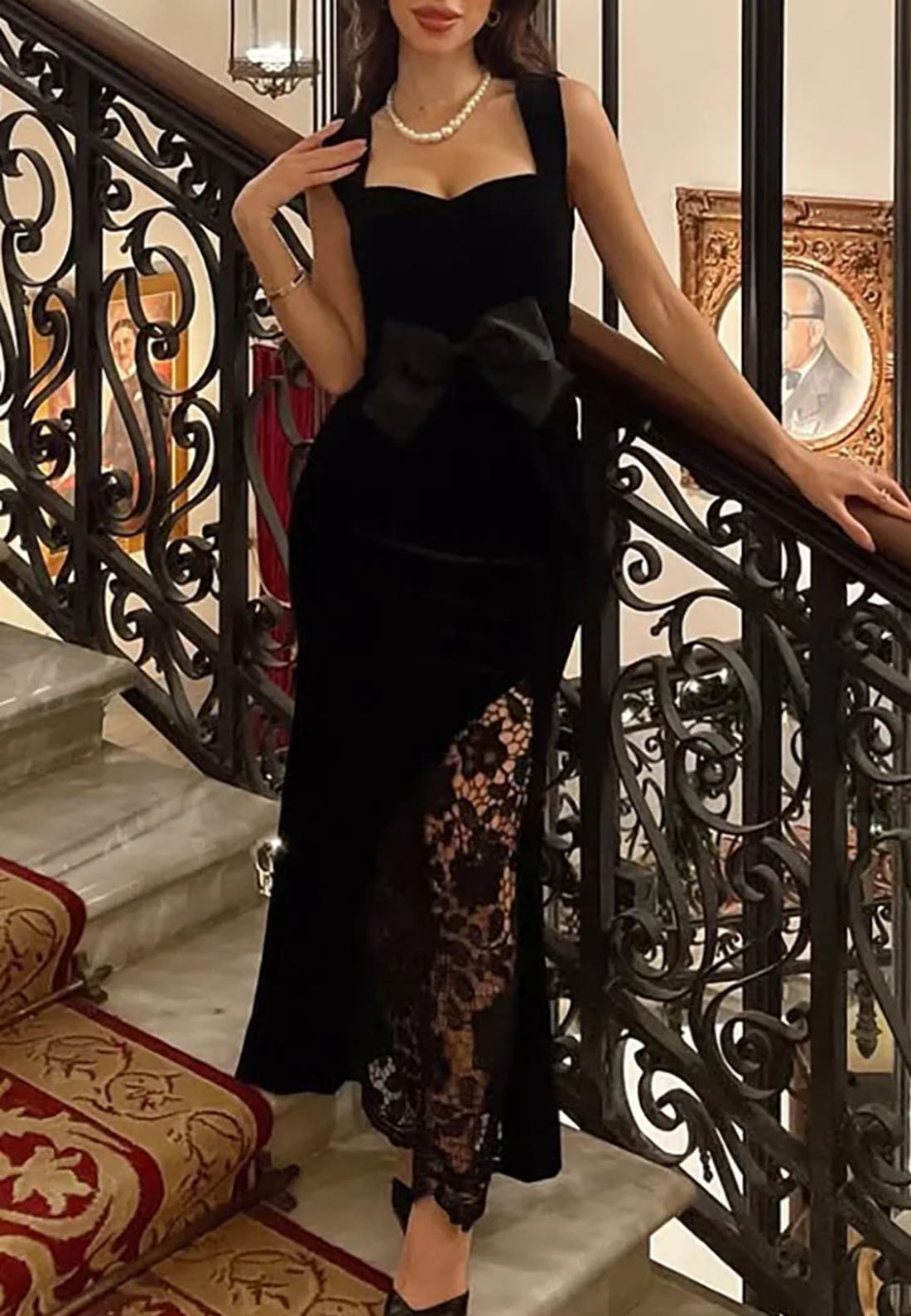Black Lace Bow Sleeveless Mermaid Maxi Velvet Dress