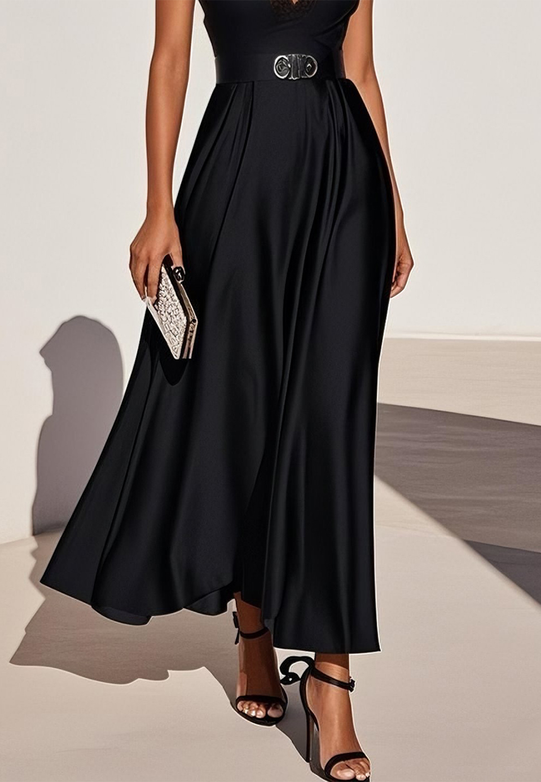 Black Lace Satin V Neck Short Sleeve A-Line Midi Dress