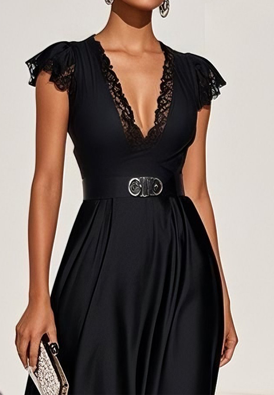Black Lace Satin V Neck Short Sleeve A-Line Midi Dress