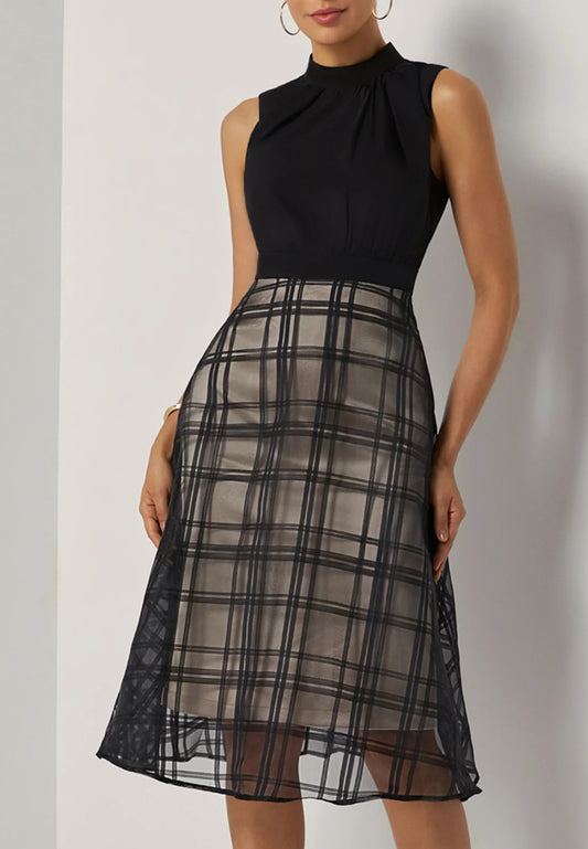 Black Organza Classic Crew Neck Sleeveless A-Line Midi Dress